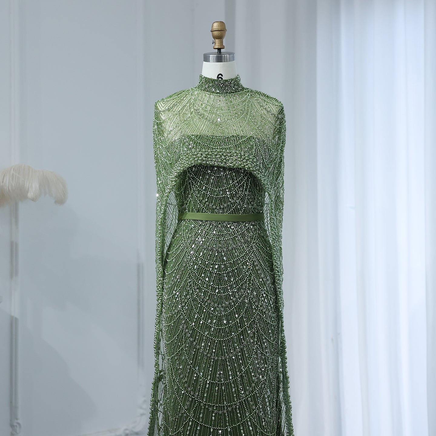 Luxury Pearls Champagne Evening Dress with Cape SS369