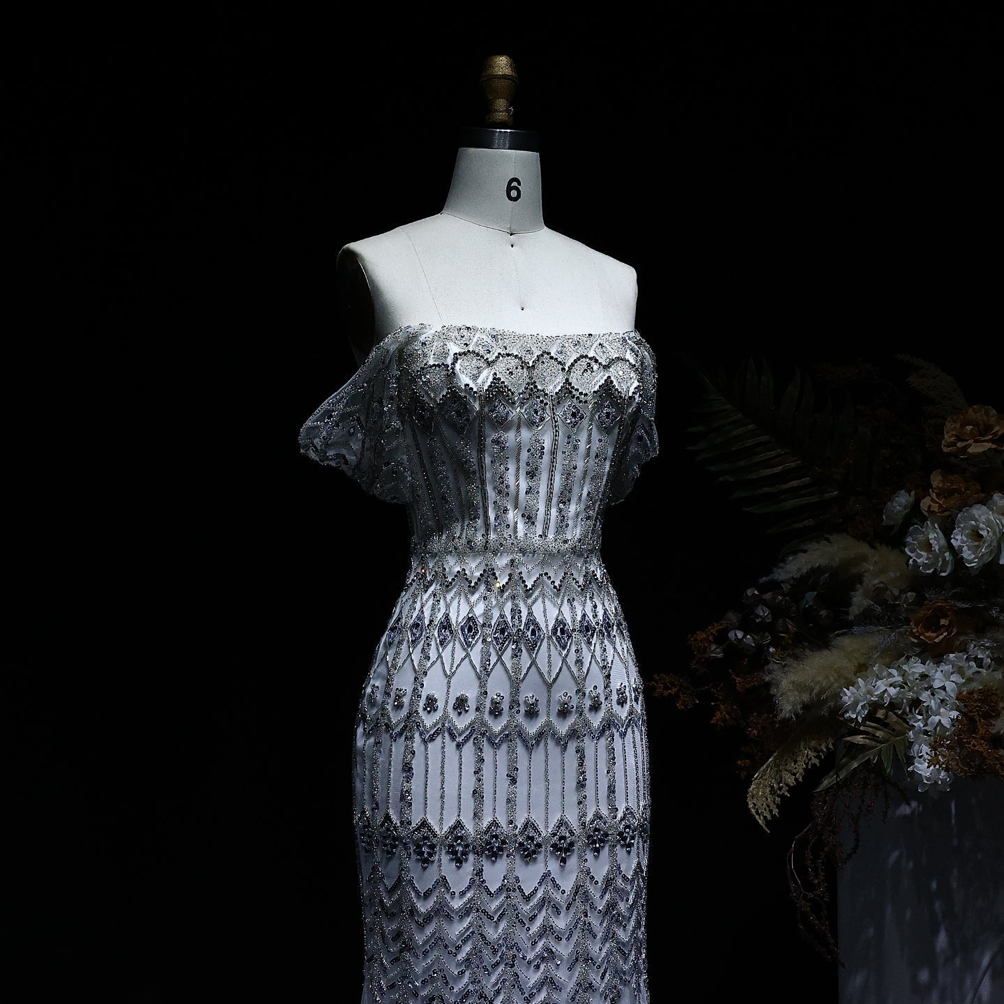 Luxury White Beaded Short Sleeves Evening Dress SS291