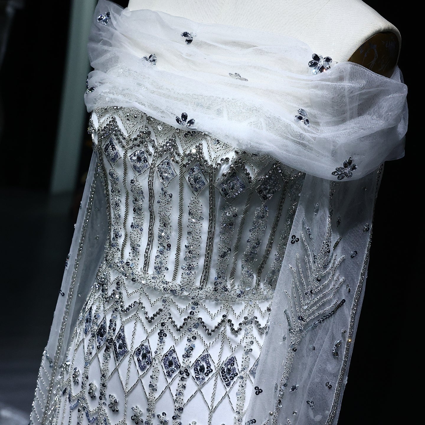 Luxury White Beaded Short Sleeves Evening Dress SS291