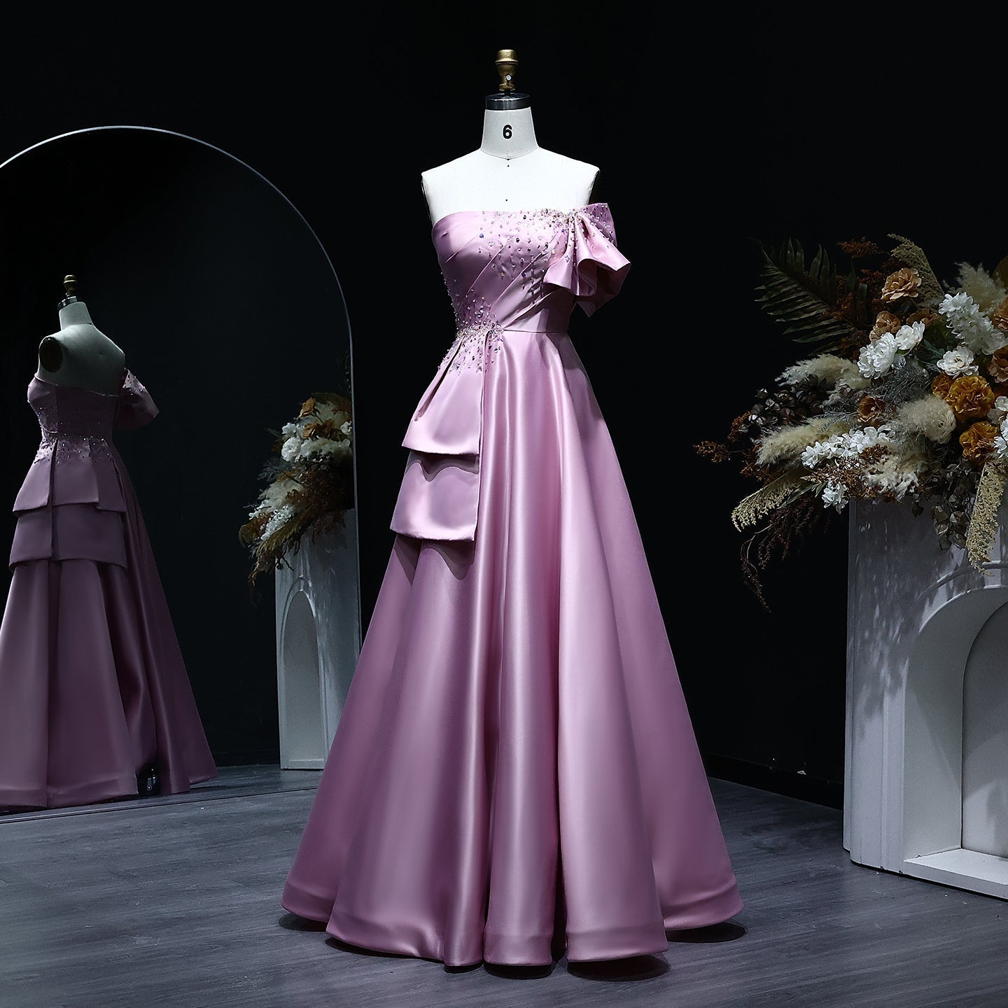 Elegant Gold One Shoulder Satin Evening Dress SS592  Pink / US 18