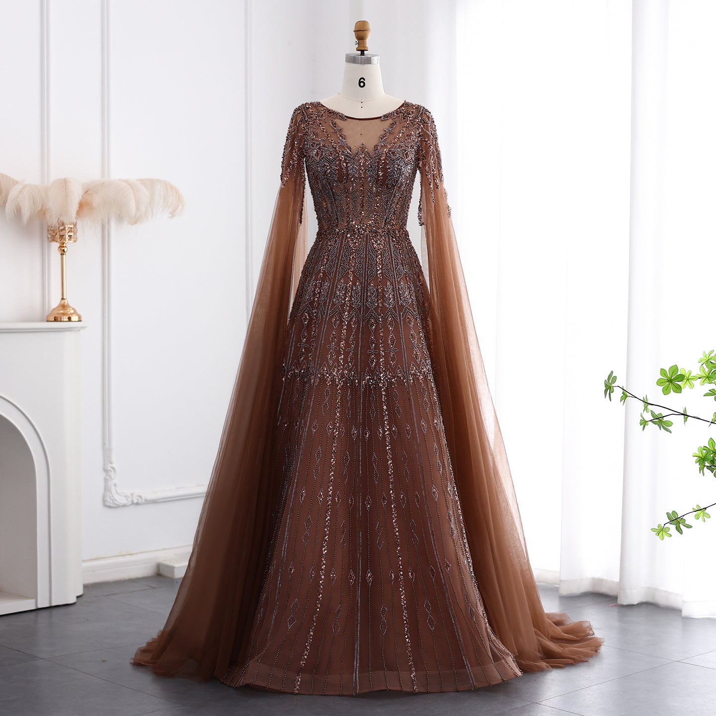Luxury Blue Evening Dress with Cape Sleeves SS001  Brown / US 20