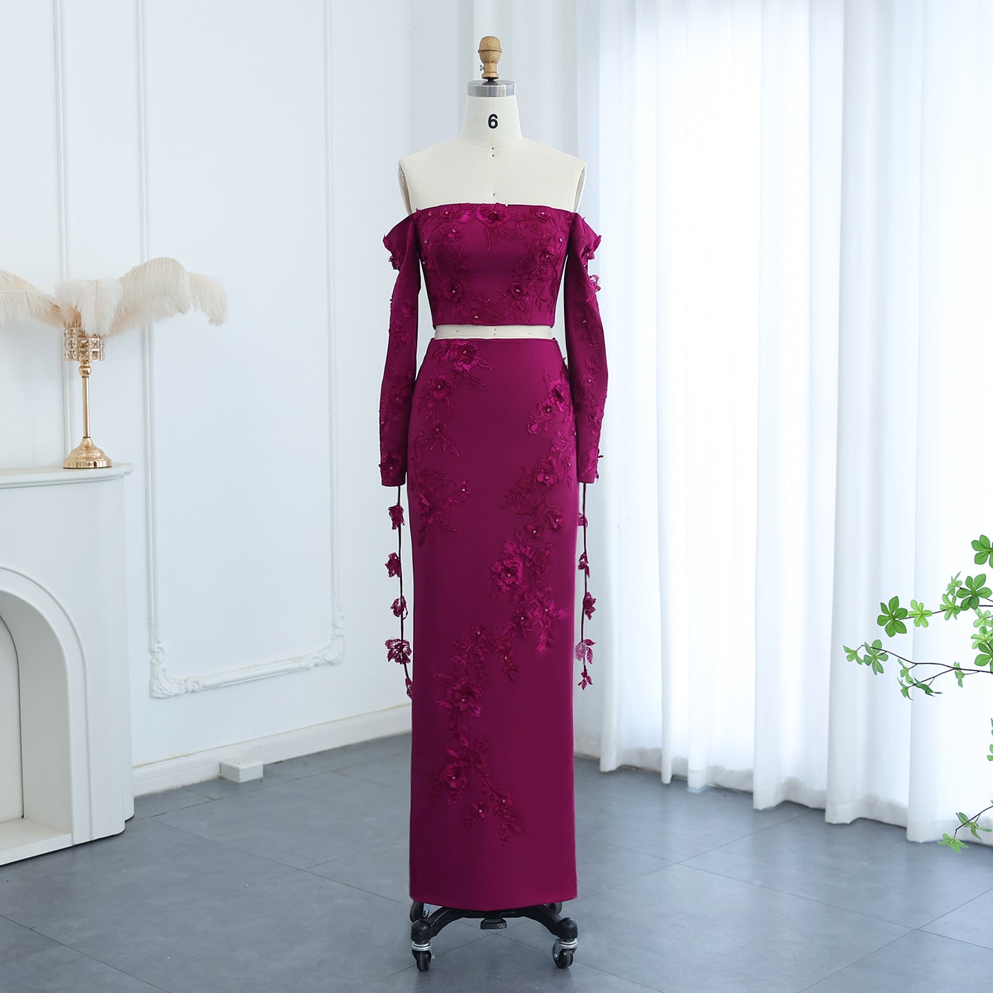 Elegant Off Shoulder Fuchsia Long Sleeves Evening Dress SS310  Fuchsia / US 16