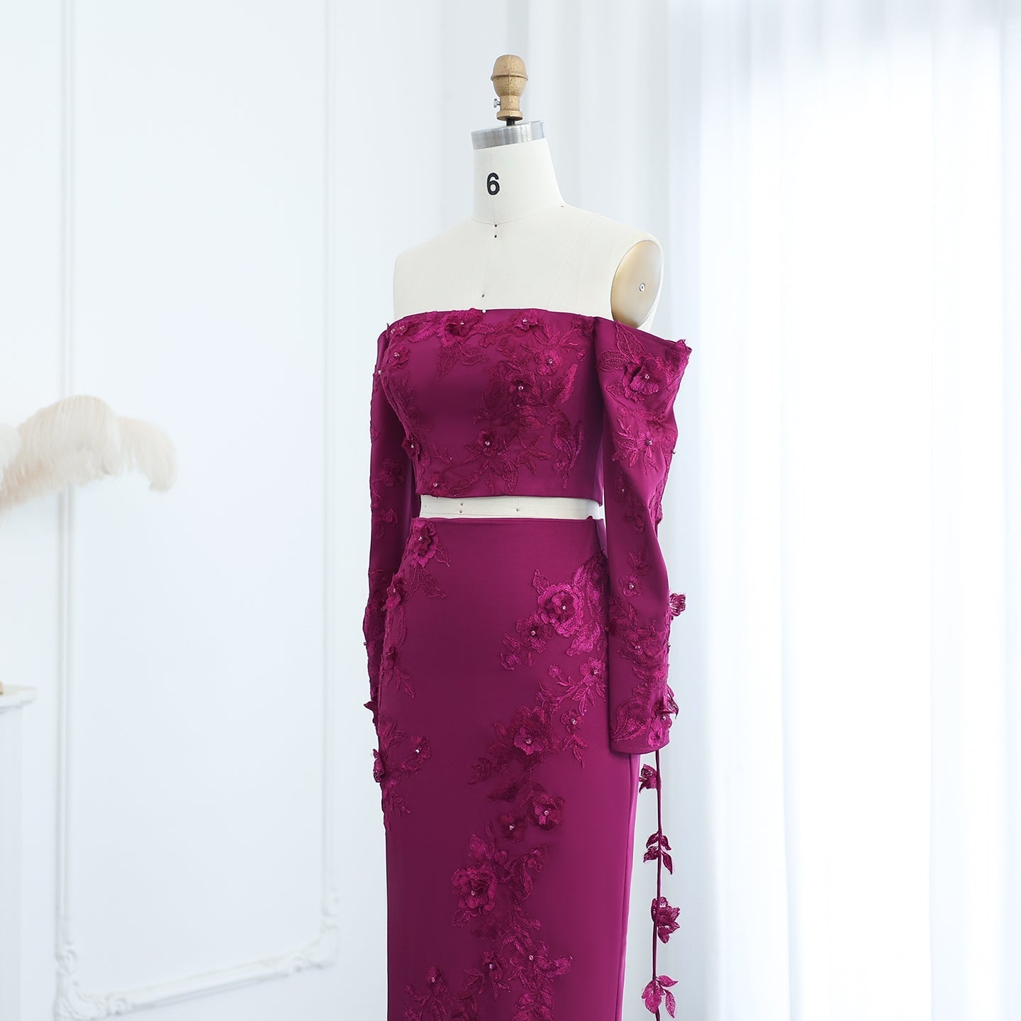 Elegant Off Shoulder Fuchsia Long Sleeves Evening Dress SS310