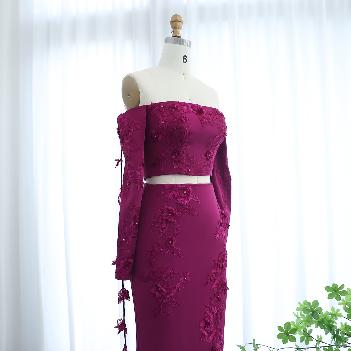 Elegant Off Shoulder Fuchsia Long Sleeves Evening Dress SS310