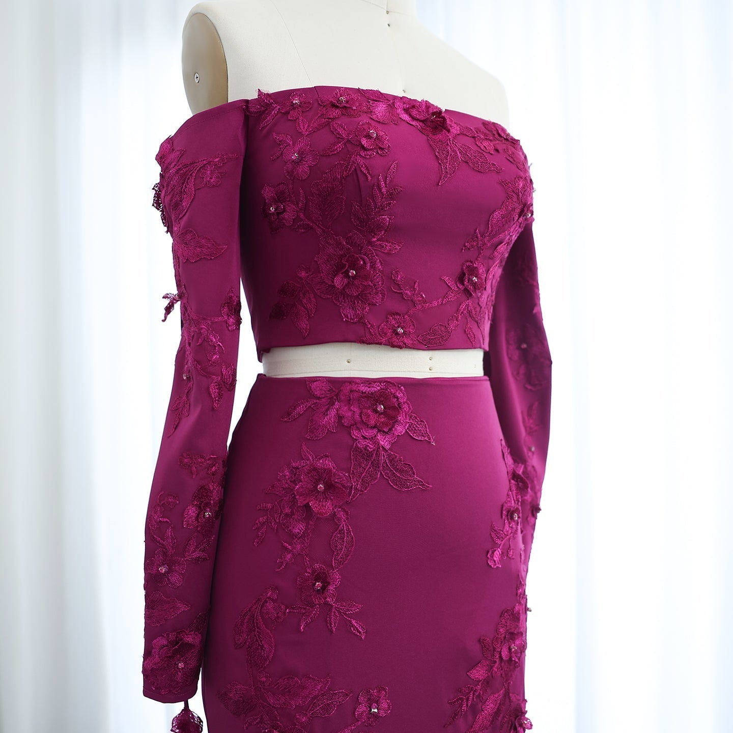 Elegant Off Shoulder Fuchsia Long Sleeves Evening Dress SS310