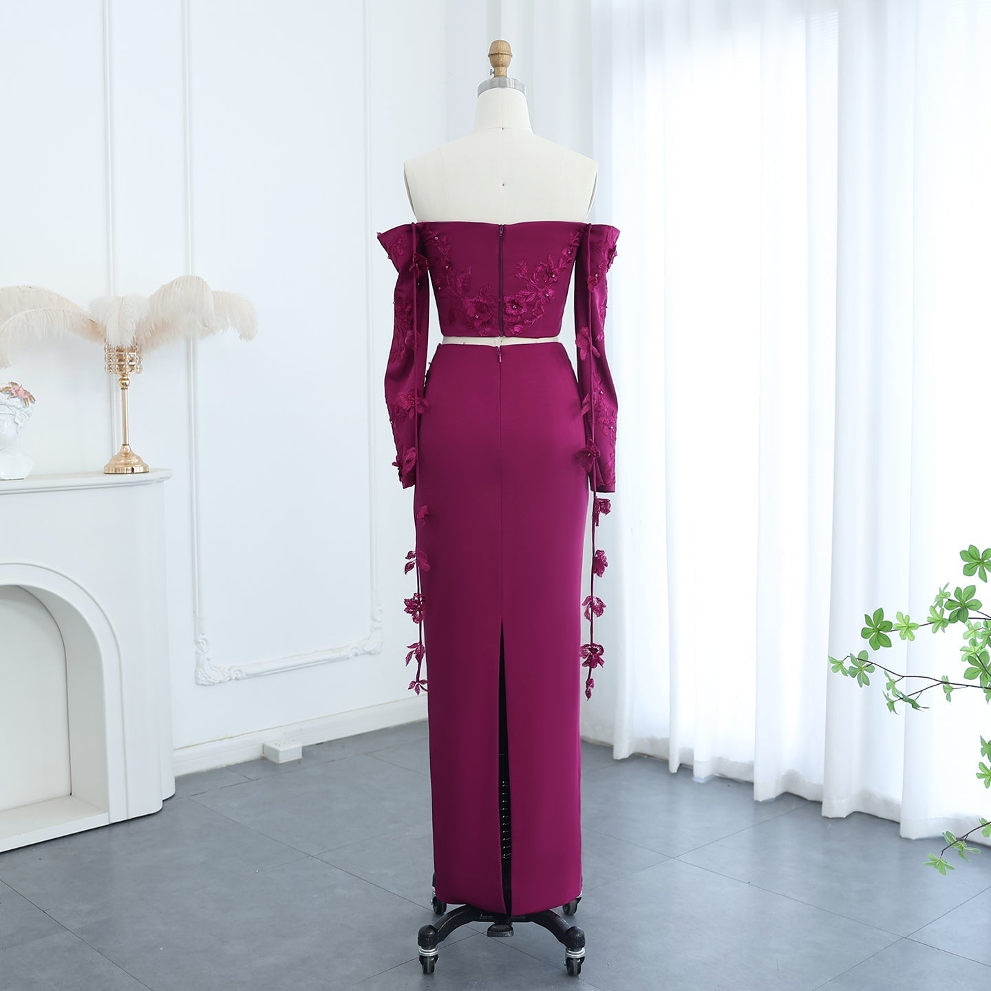 Elegant Off Shoulder Fuchsia Long Sleeves Evening Dress SS310