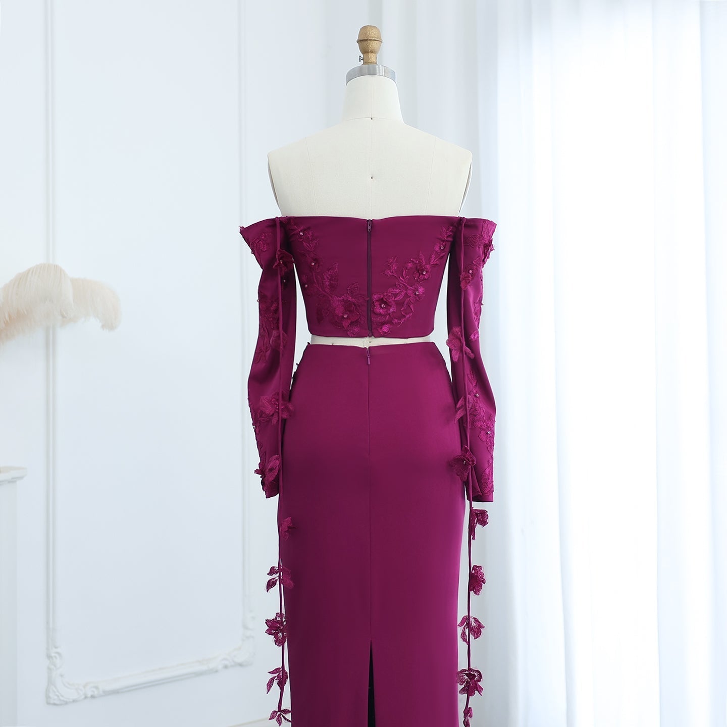 Elegant Off Shoulder Fuchsia Long Sleeves Evening Dress SS310
