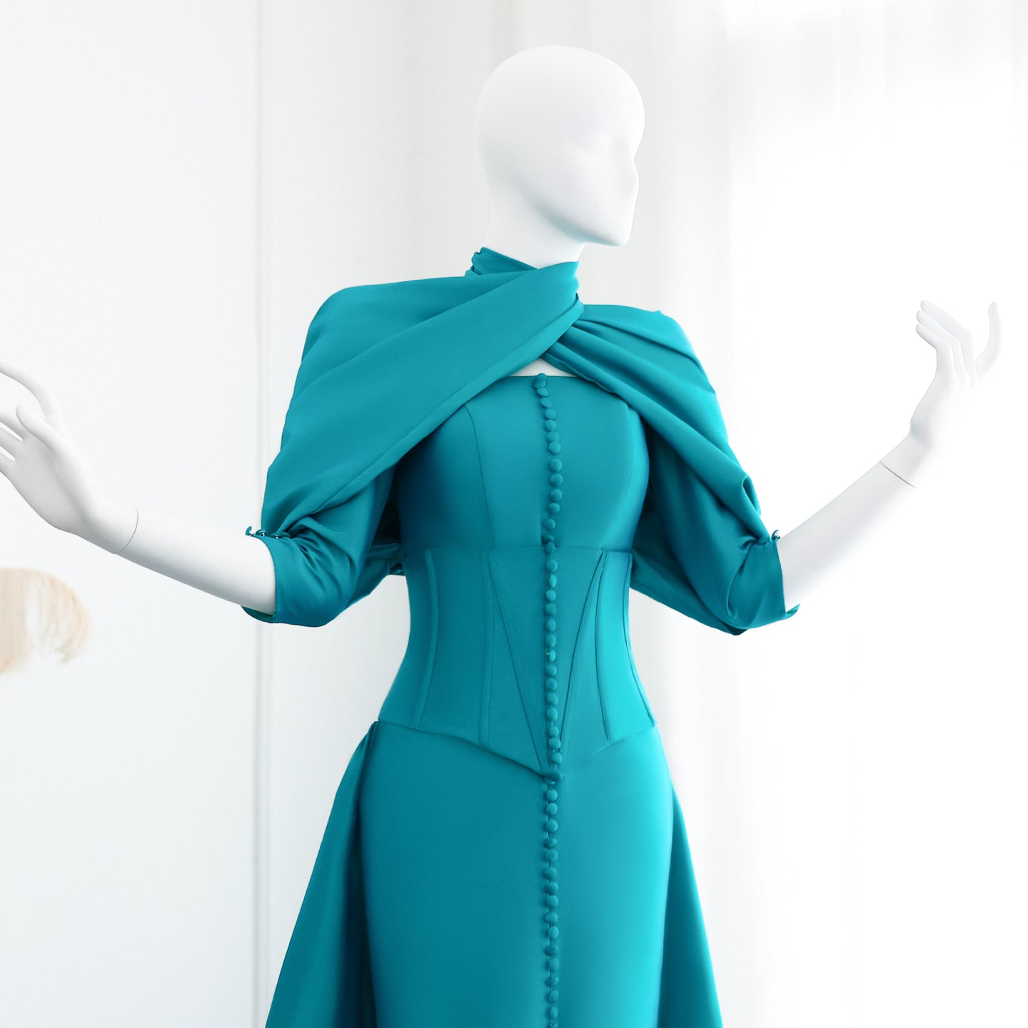 Fuchsia Mermaid Evening Dress with Overskirt Corset Long Sleeves SF030