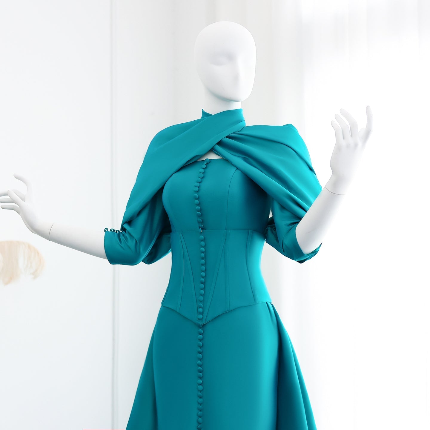 Fuchsia Mermaid Evening Dress with Overskirt Corset Long Sleeves SF030