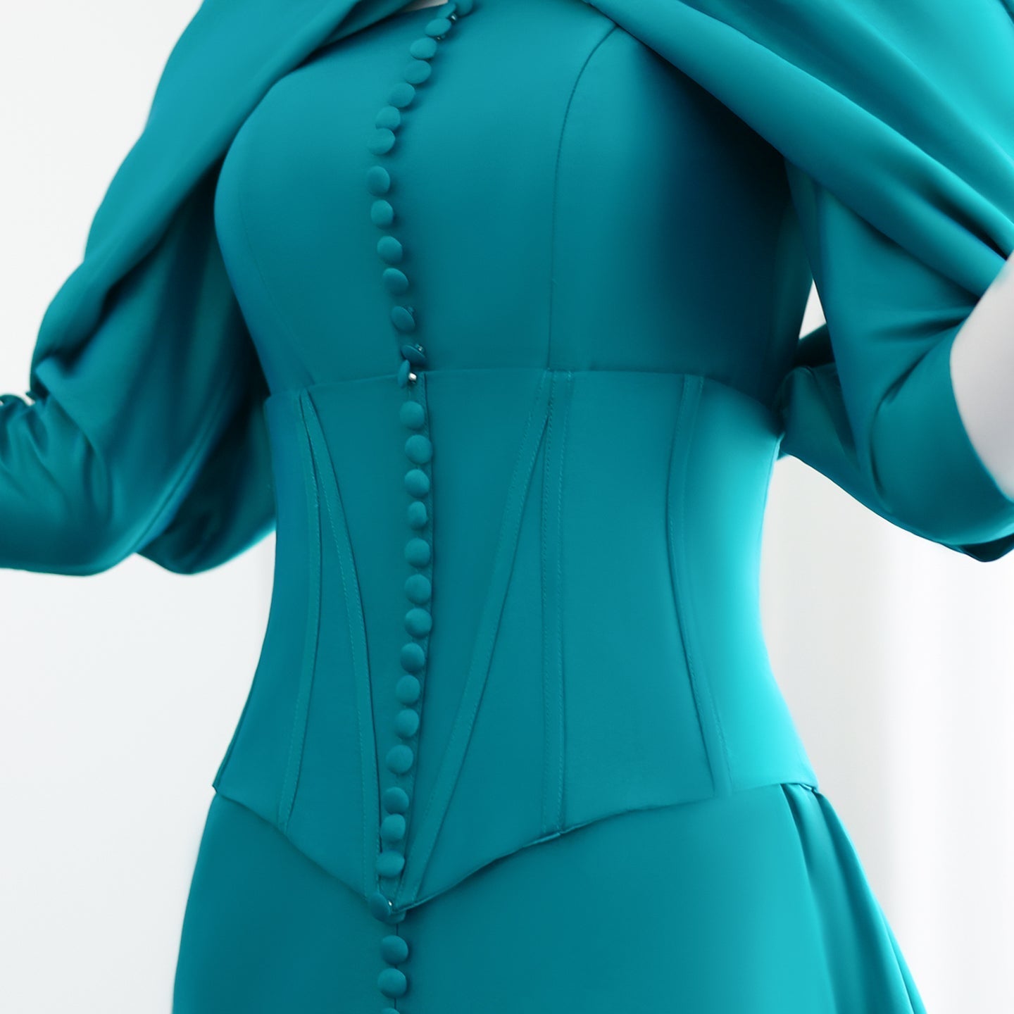 Fuchsia Mermaid Evening Dress with Overskirt Corset Long Sleeves SF030