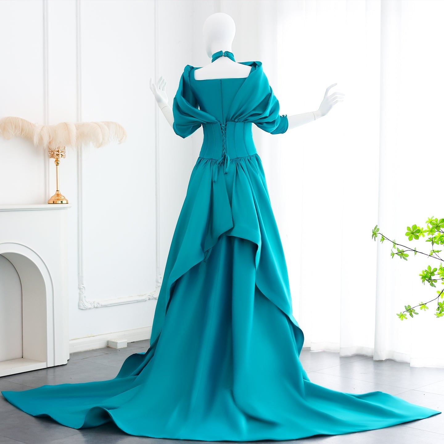 Fuchsia Mermaid Evening Dress with Overskirt Corset Long Sleeves SF030