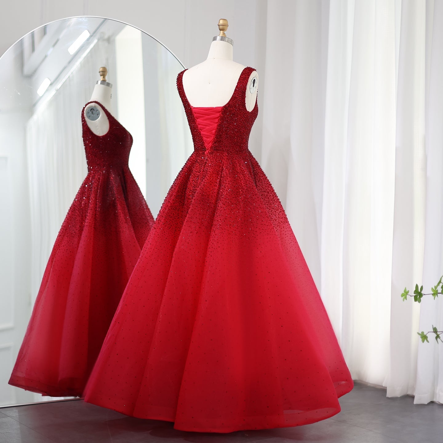 Sparkly Crystal Burgundy Ball Gown Evening Dress SS208