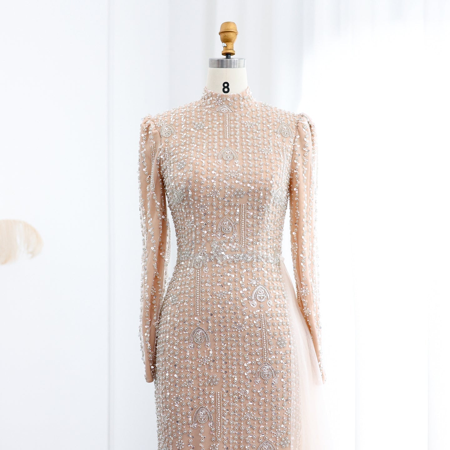 Luxury Long Sleeve Nude Evening Dress with Overskirt SS678