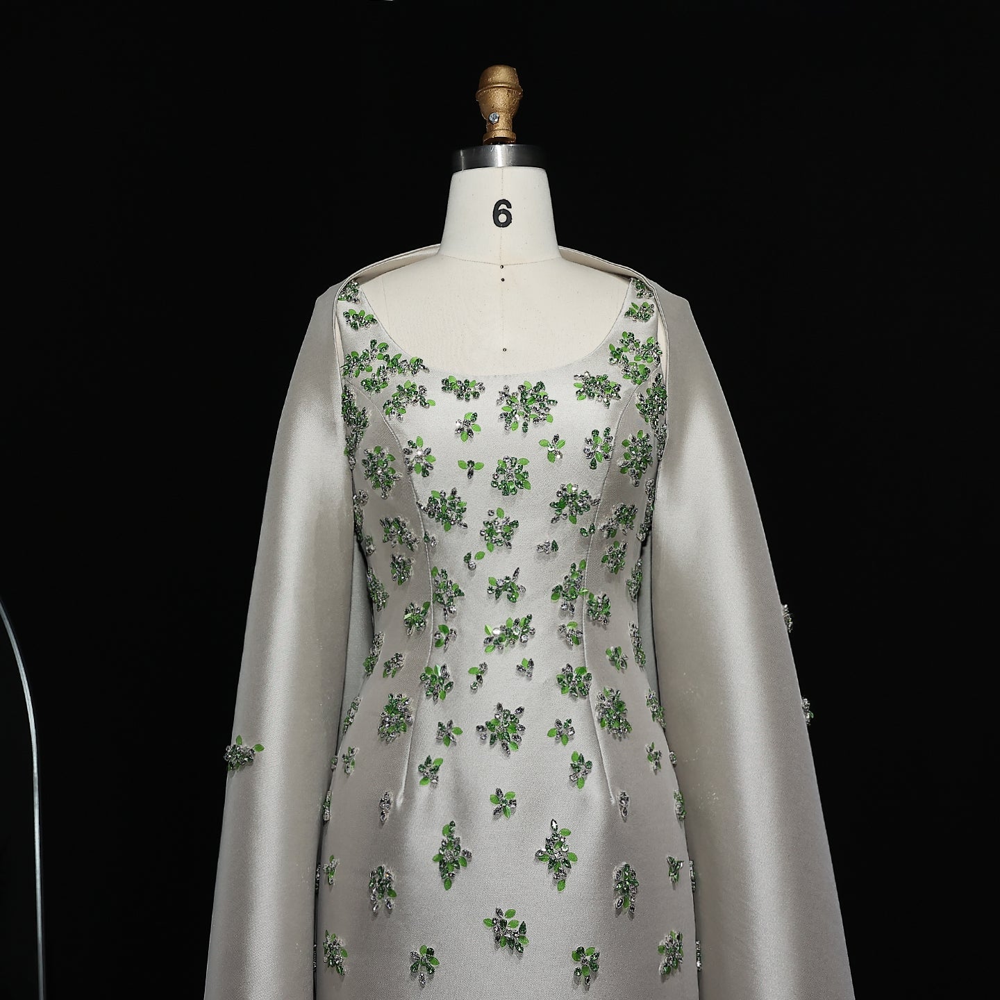 Chic Sage Green 3D Floral Beaded Evening Dress with Cape SS536