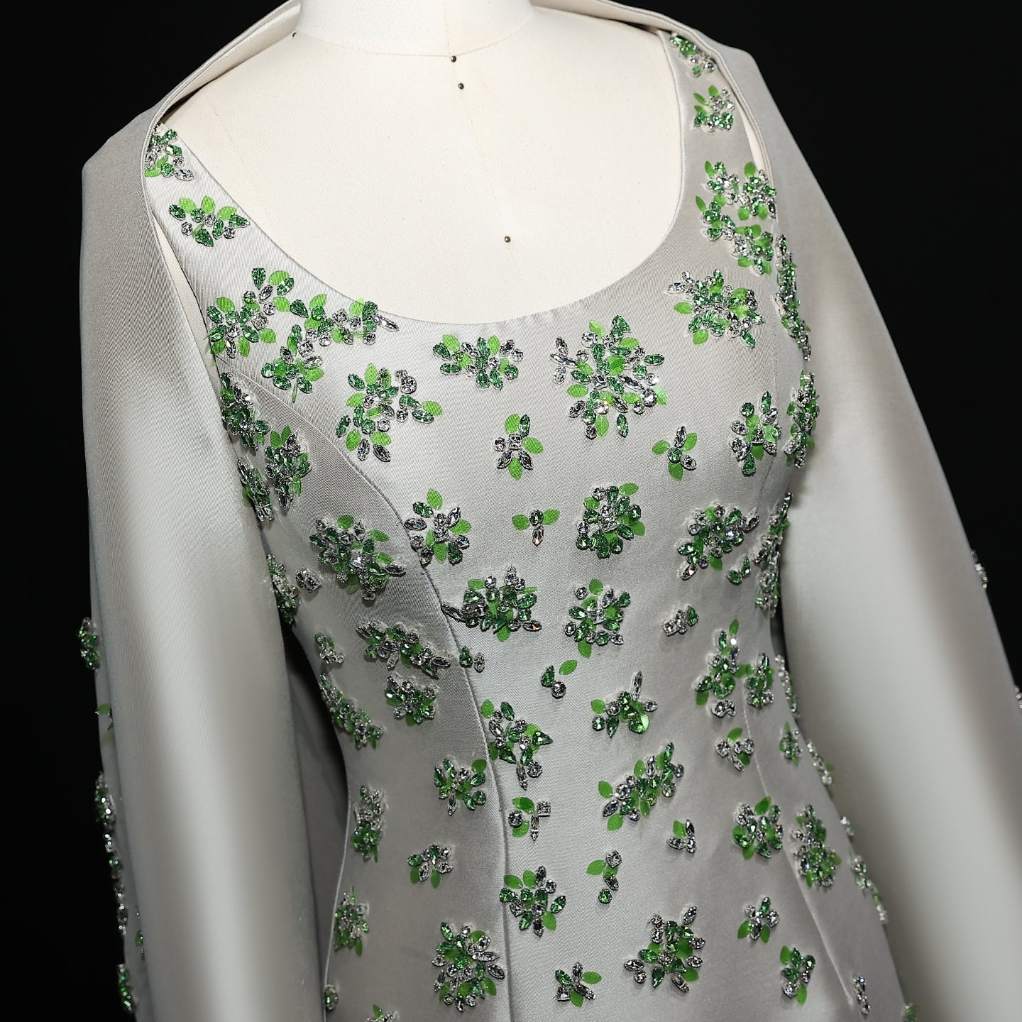 Chic Sage Green 3D Floral Beaded Evening Dress with Cape SS536