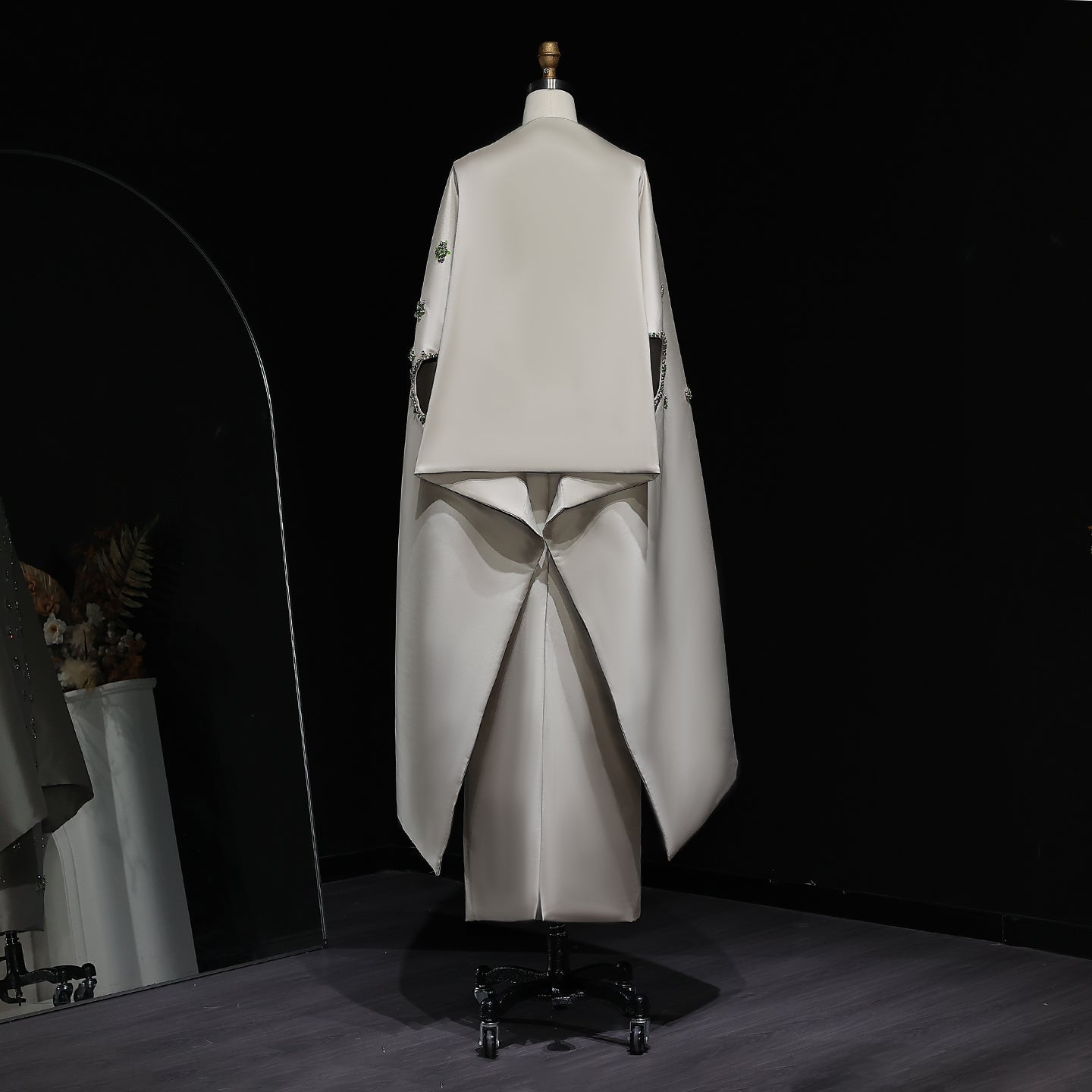 Chic Sage Green 3D Floral Beaded Evening Dress with Cape SS536