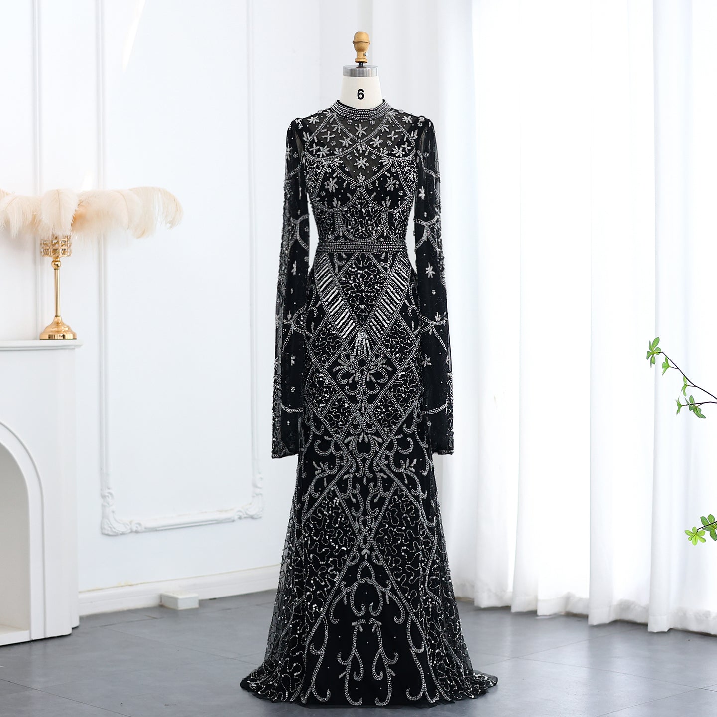 Luxury Black Beaded Evening Dress with Flare Long Sleeves SS153  Black / US 18