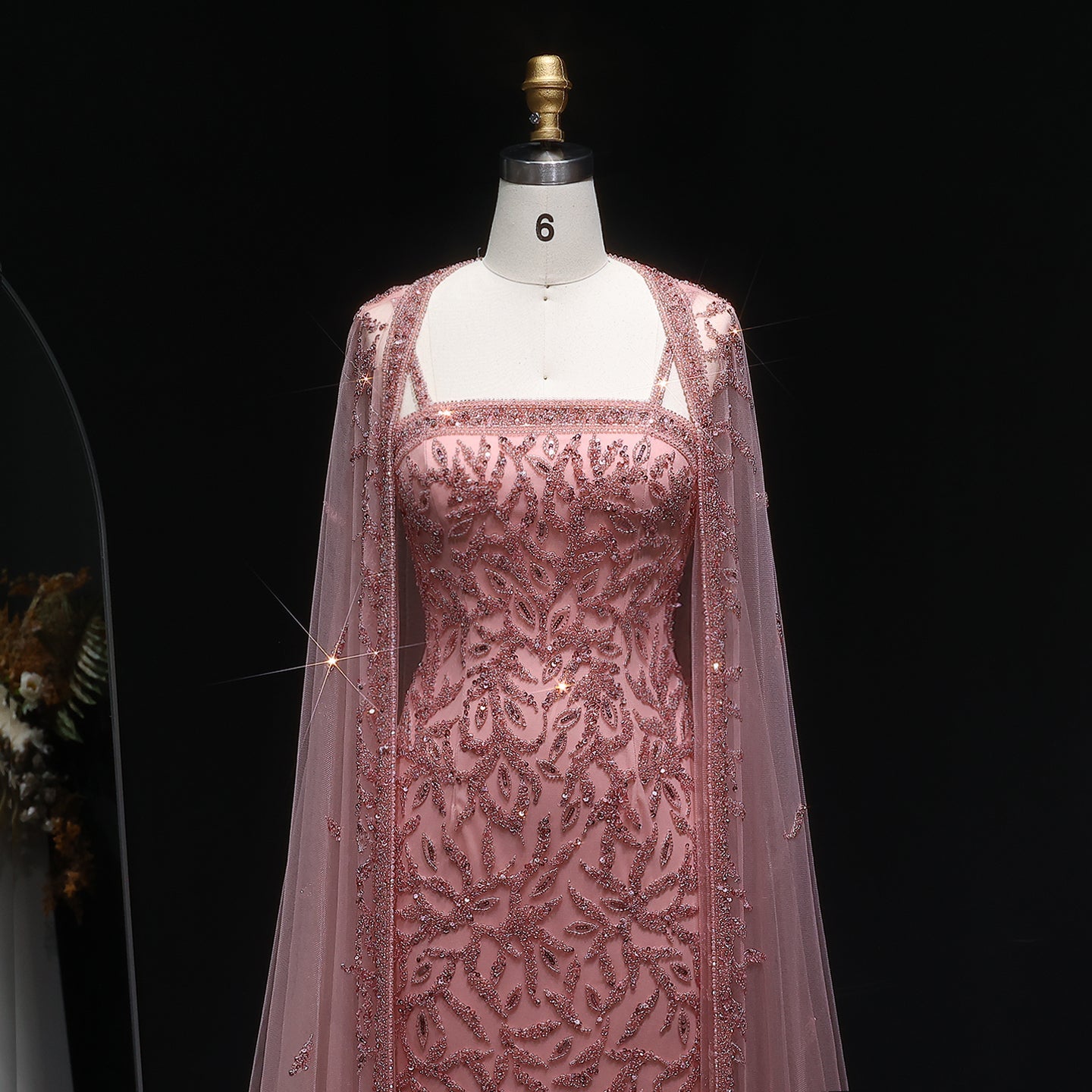 Elegant Pink Beaded Evening Gown with Sheer Cape SS393