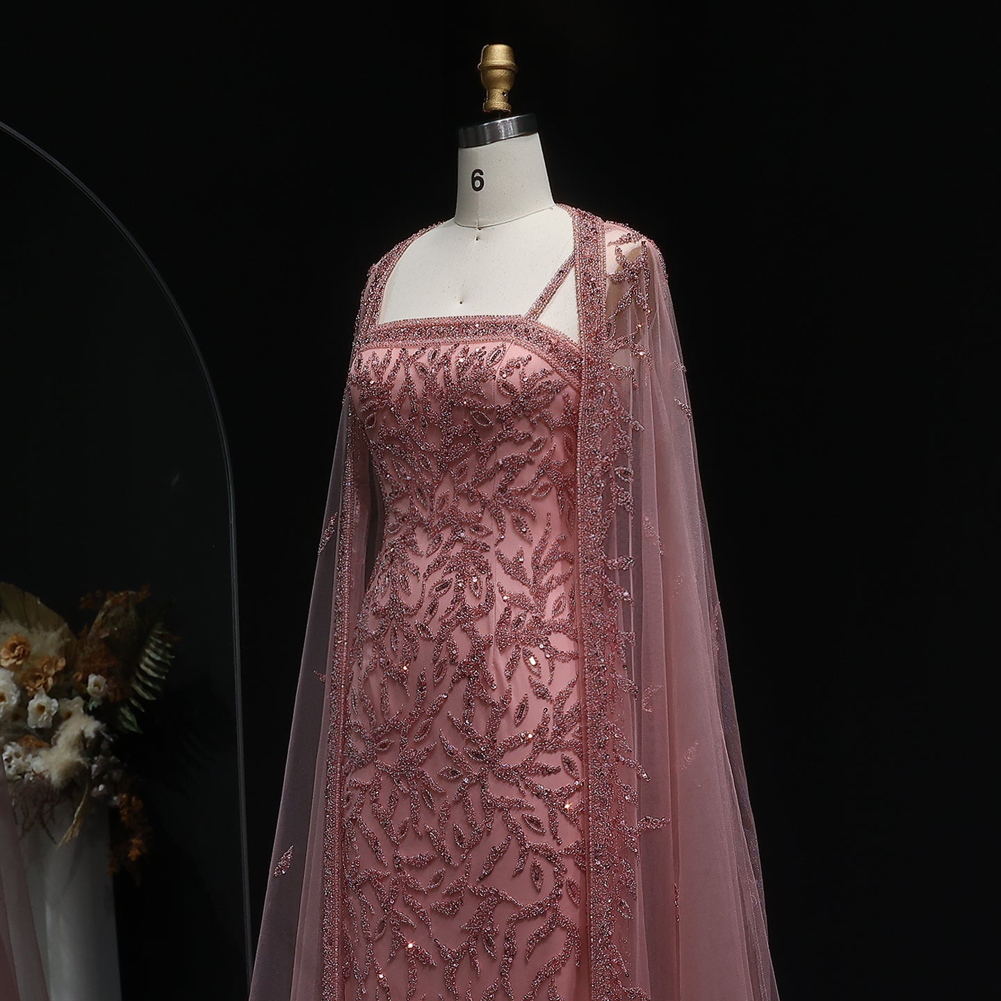 Elegant Pink Beaded Evening Gown with Sheer Cape SS393