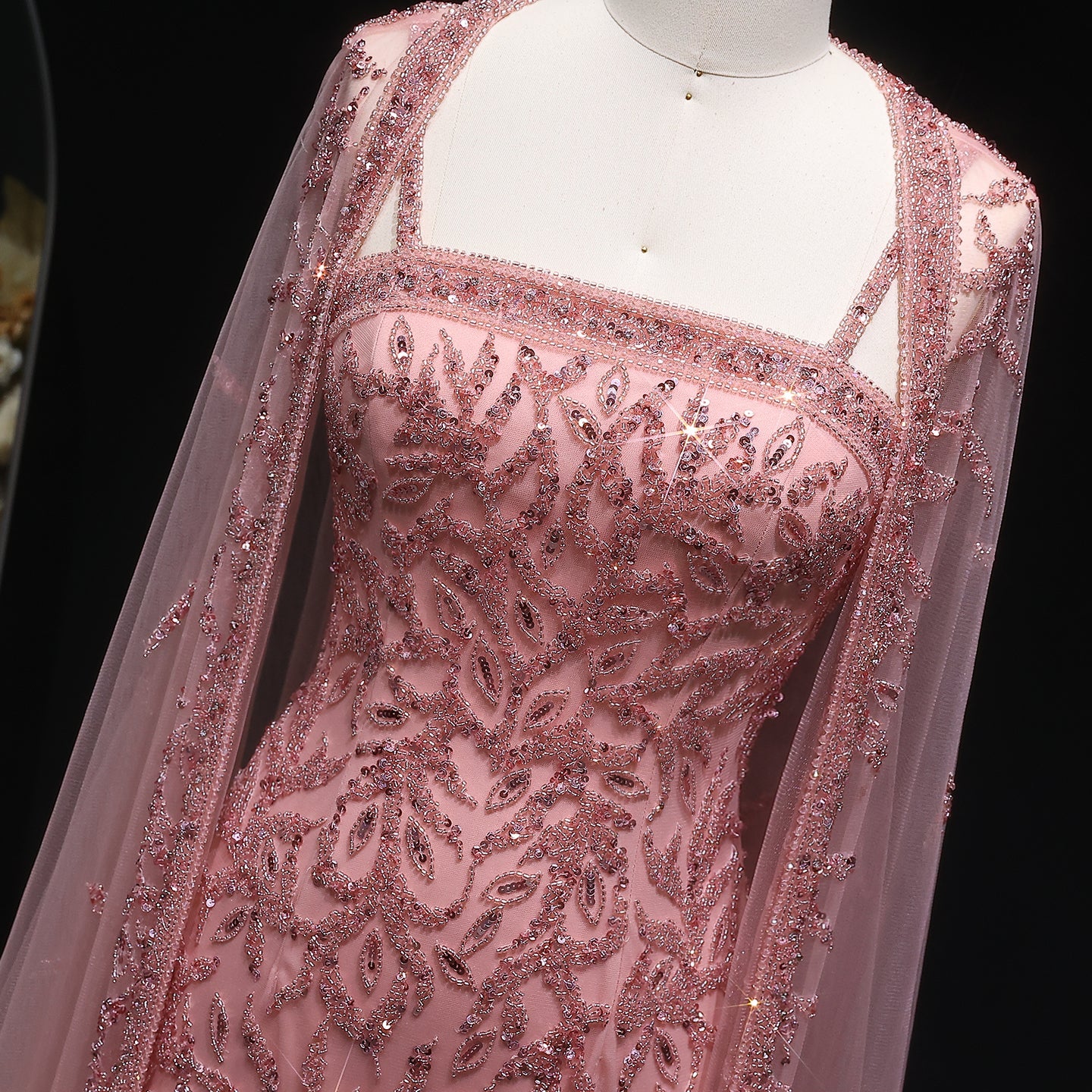 Elegant Pink Beaded Evening Gown with Sheer Cape SS393