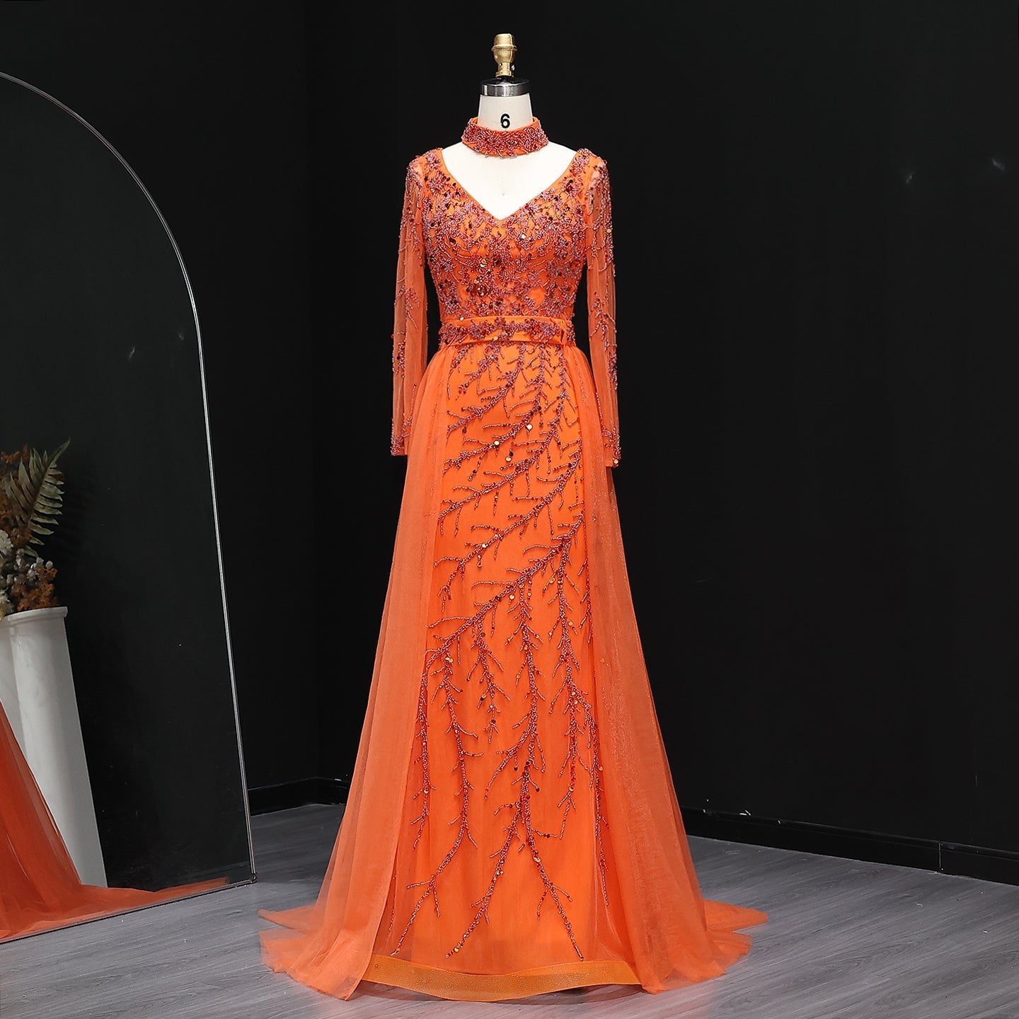 Luxury Beaded Orange Evening Dress with Overskirt SS222  Orange / US 16