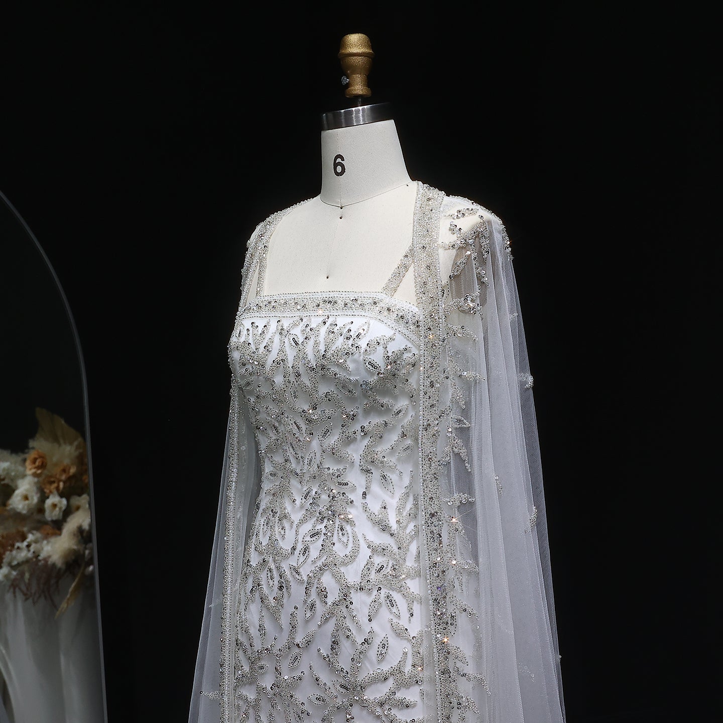 Elegant Pink Beaded Evening Gown with Sheer Cape SS393