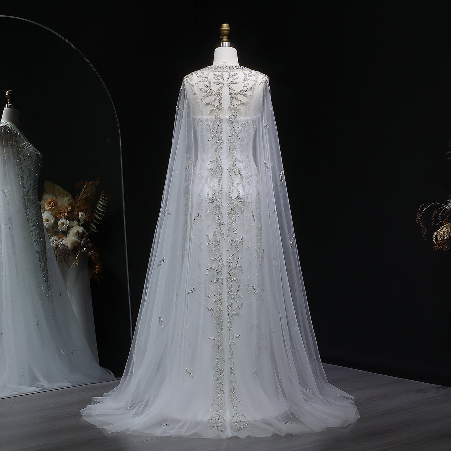 Elegant Pink Beaded Evening Gown with Sheer Cape SS393