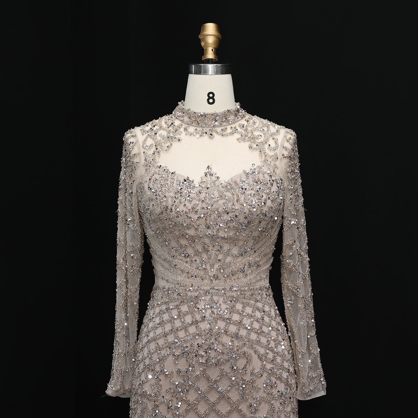 Heavy Beaded Luxury Champagne Long Sleeves Evening Dress SS097