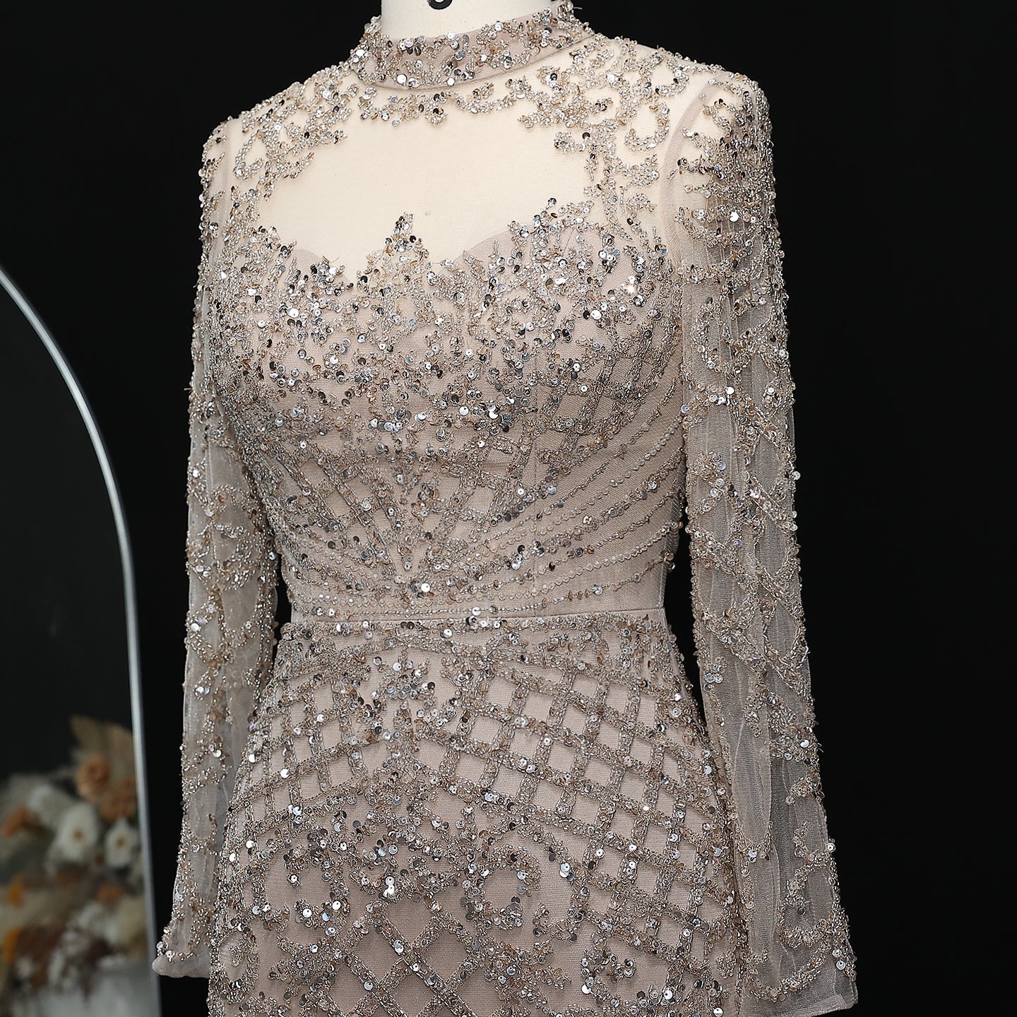 Heavy Beaded Luxury Champagne Long Sleeves Evening Dress SS097
