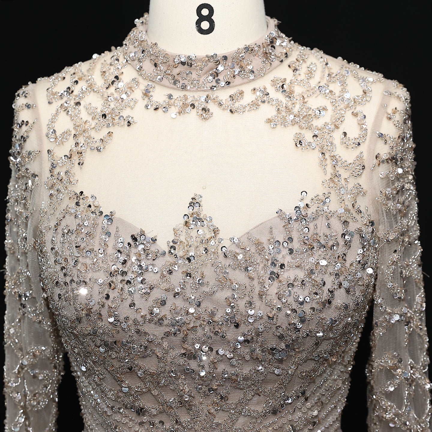 Heavy Beaded Luxury Champagne Long Sleeves Evening Dress SS097