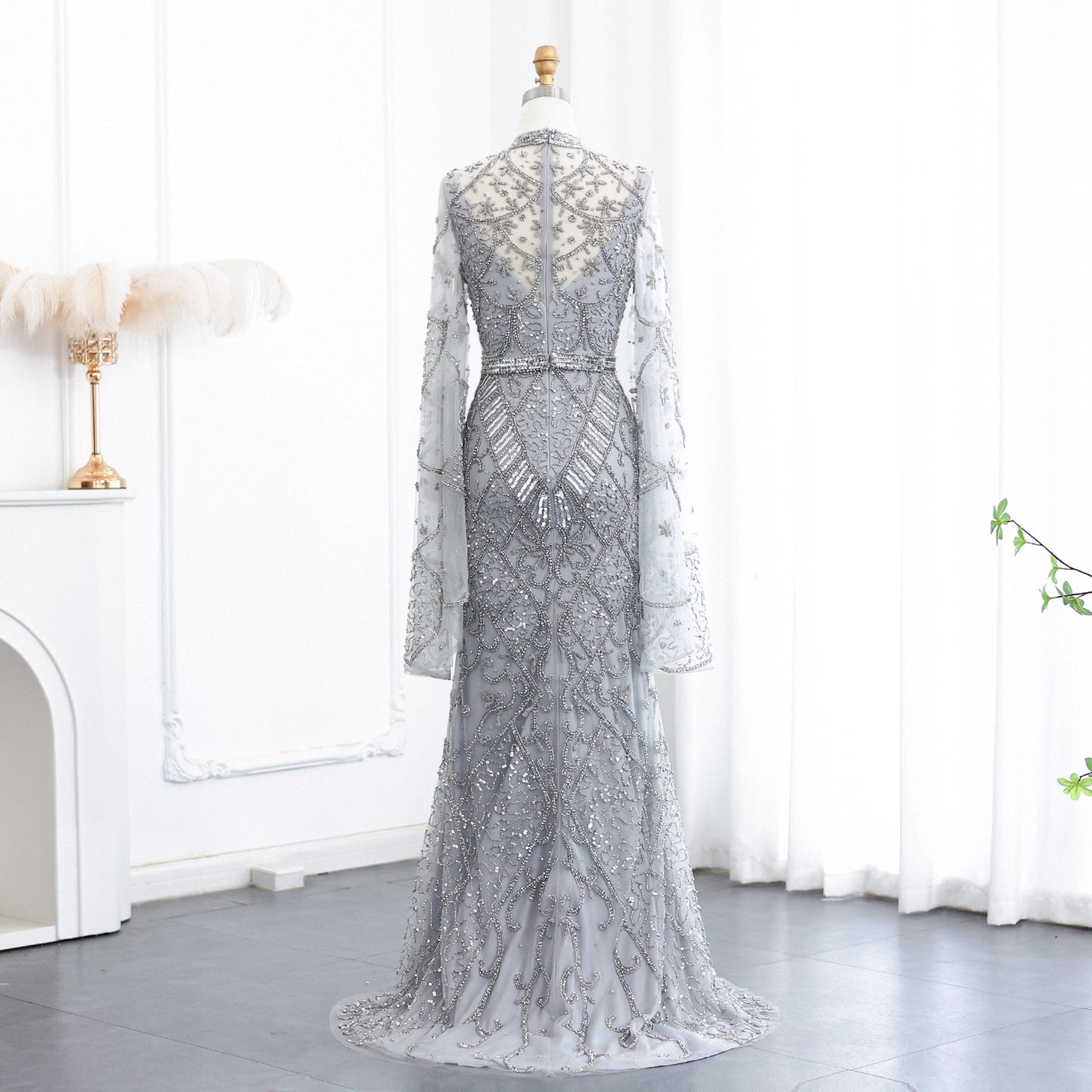 Luxury Black Beaded Evening Dress with Flare Long Sleeves SS153