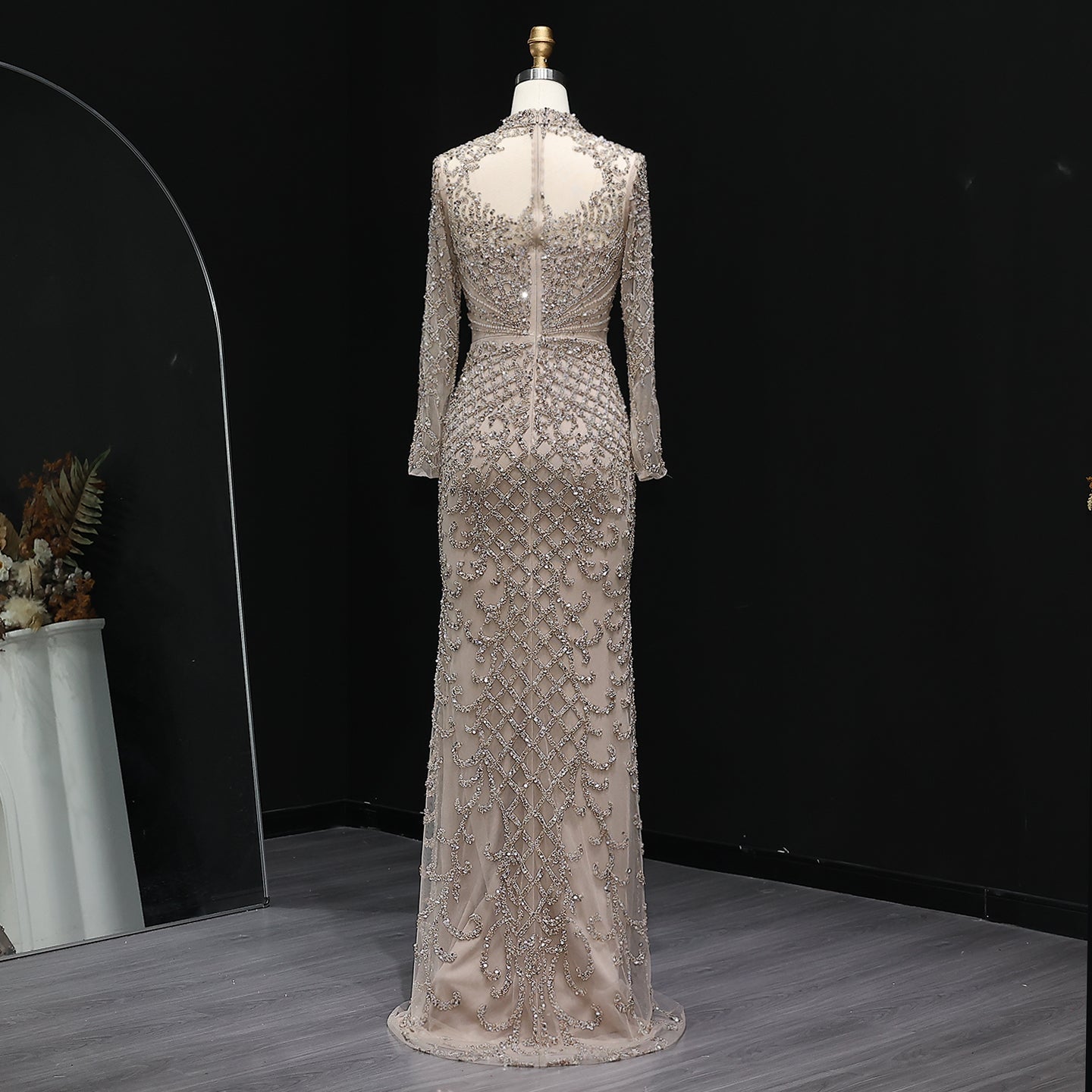 Heavy Beaded Luxury Champagne Long Sleeves Evening Dress SS097