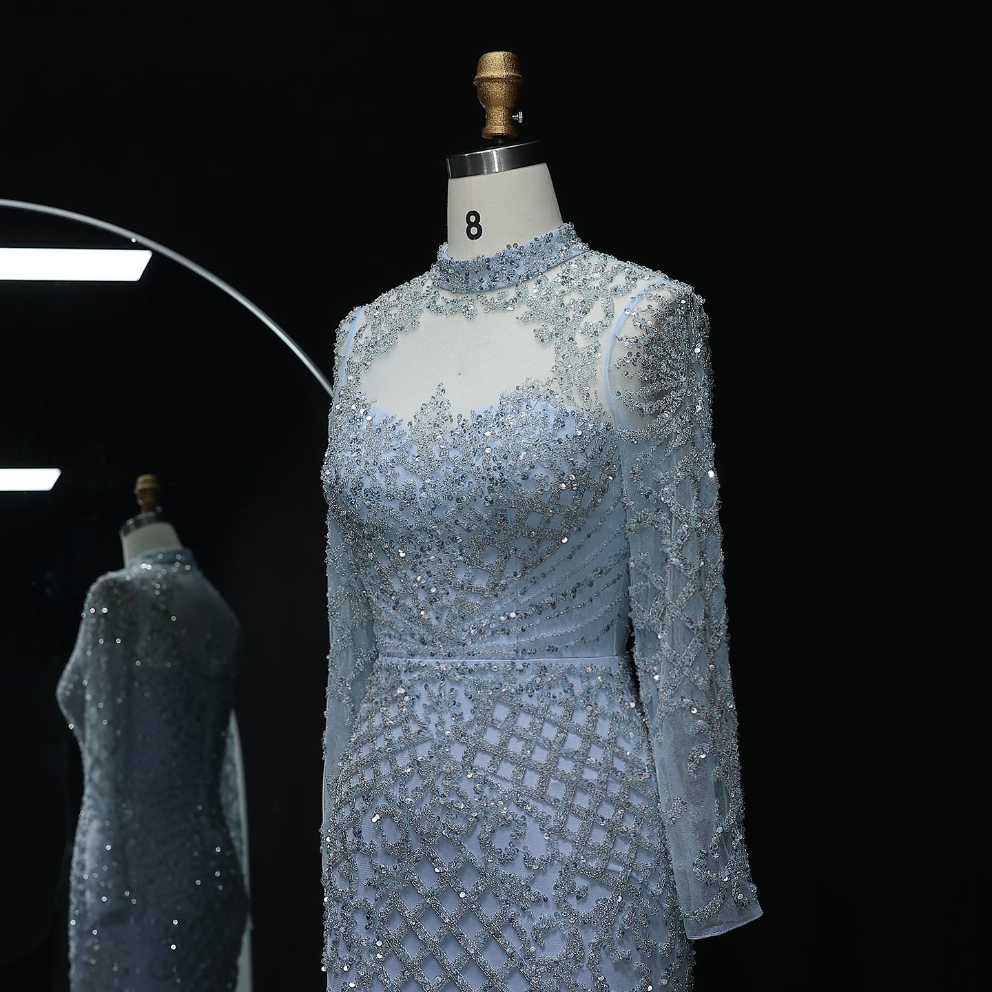 Heavy Beaded Luxury Champagne Long Sleeves Evening Dress SS097