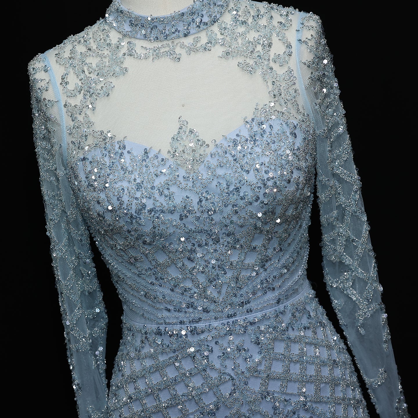 Heavy Beaded Luxury Champagne Long Sleeves Evening Dress SS097