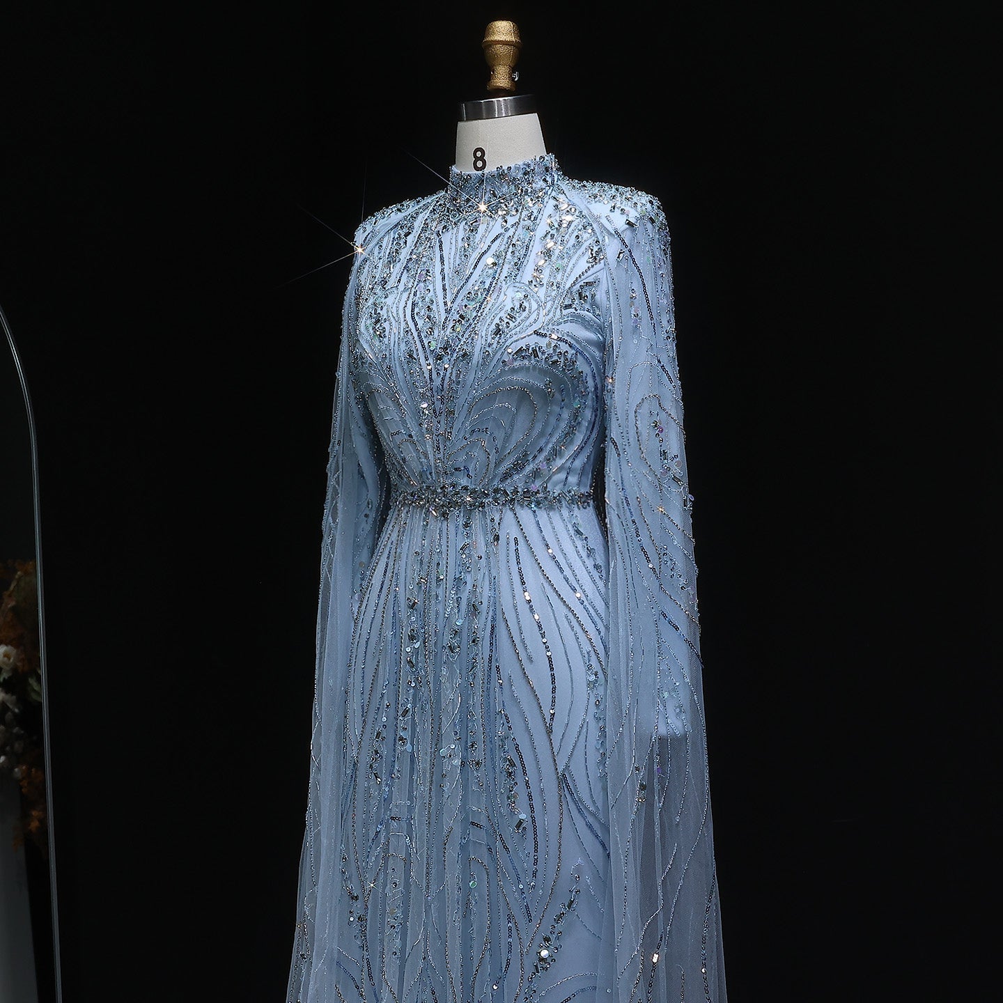 Luxury Champagne Long Sleeve High Neck Evening Dress with Cape SS366