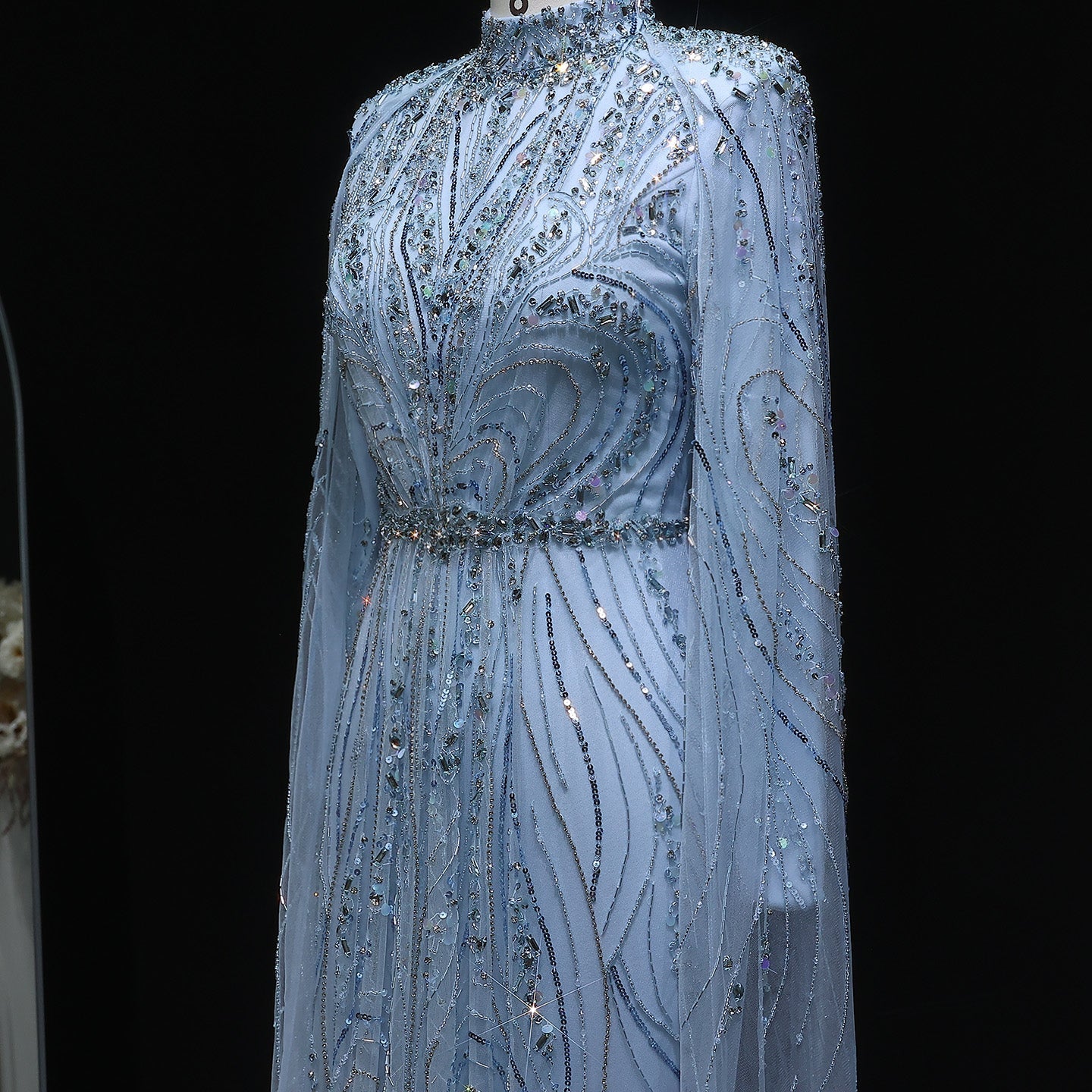 Luxury Champagne Long Sleeve High Neck Evening Dress with Cape SS366