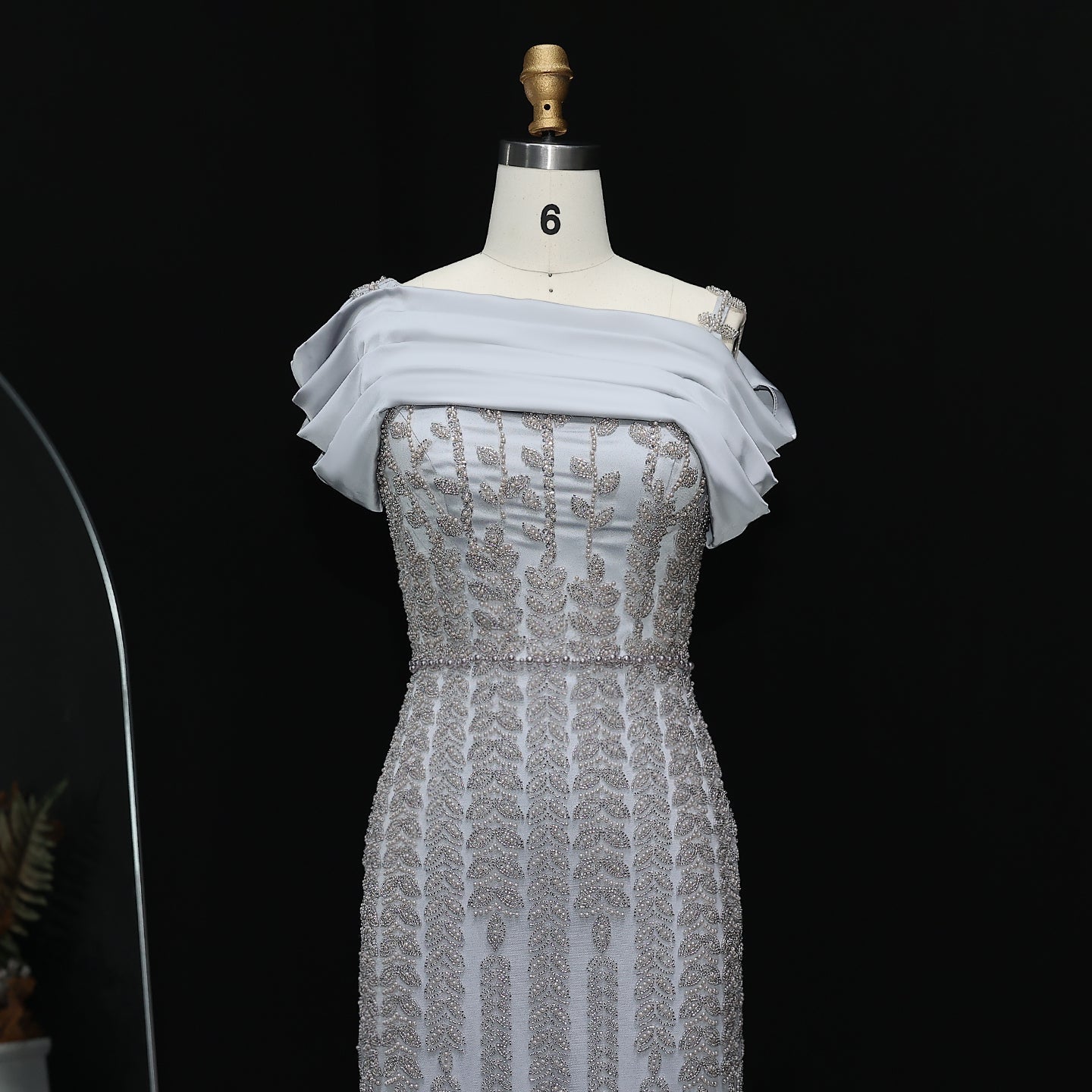 Elegant Off Shouler Silver Evening Dress with Slit SS713