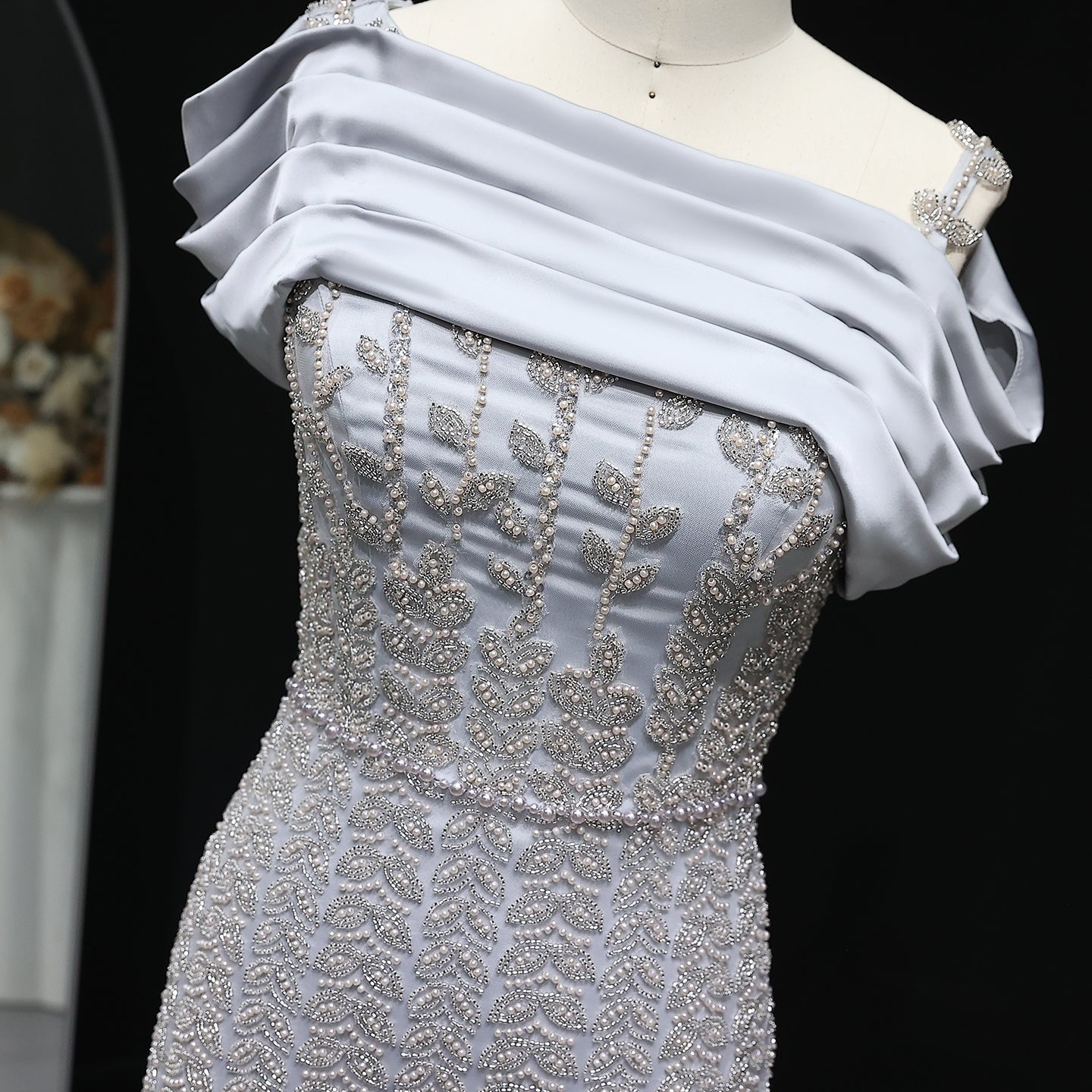 Elegant Off Shouler Silver Evening Dress with Slit SS713