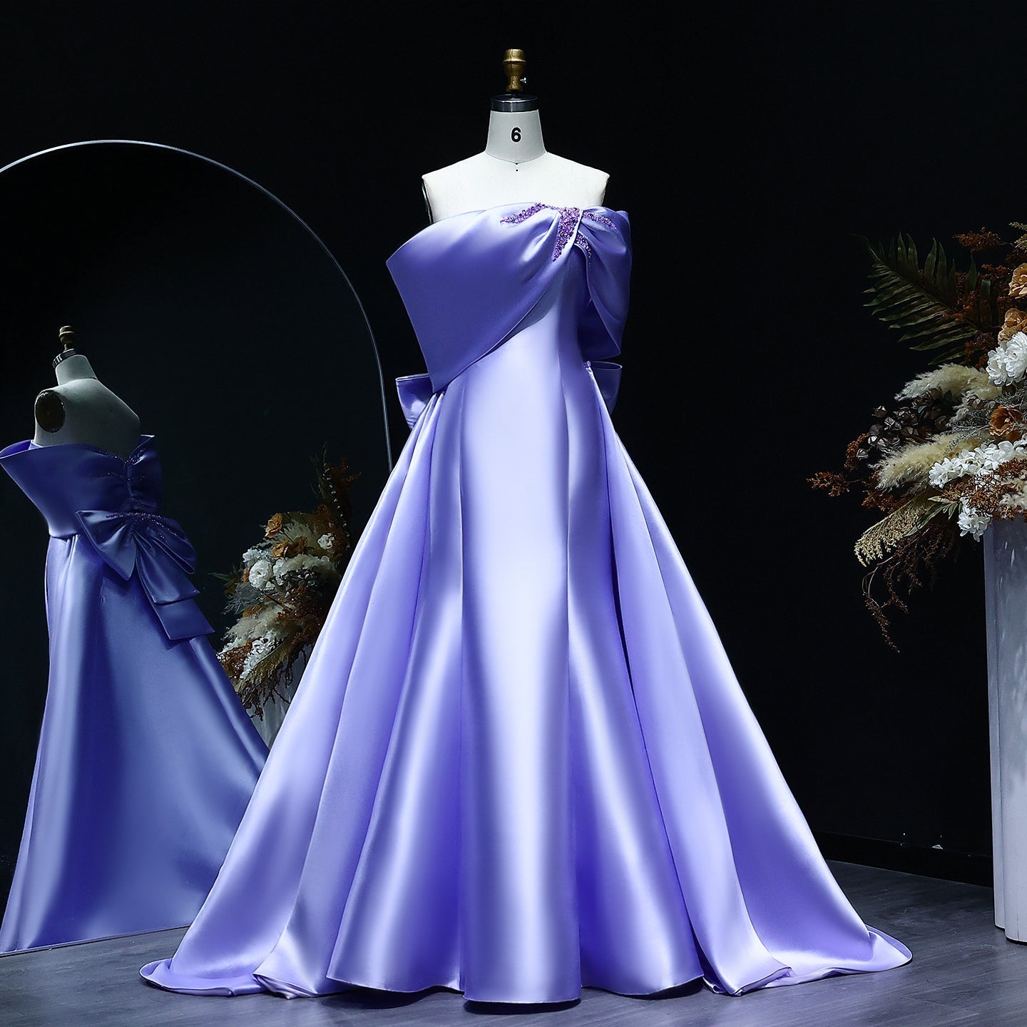 Elegant Off Shoulder Lilac Evening Dress with Overskirt SS400
