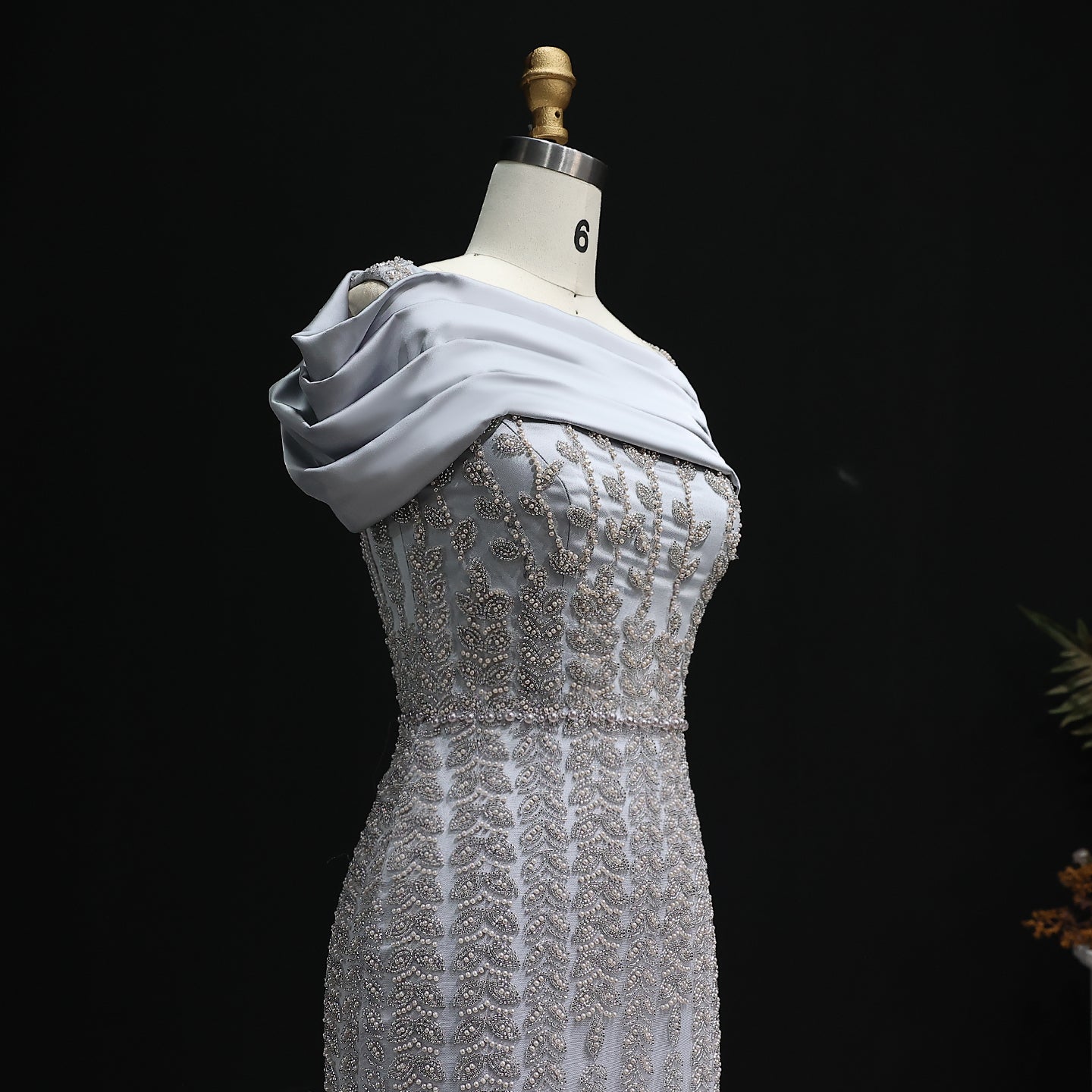 Elegant Off Shouler Silver Evening Dress with Slit SS713