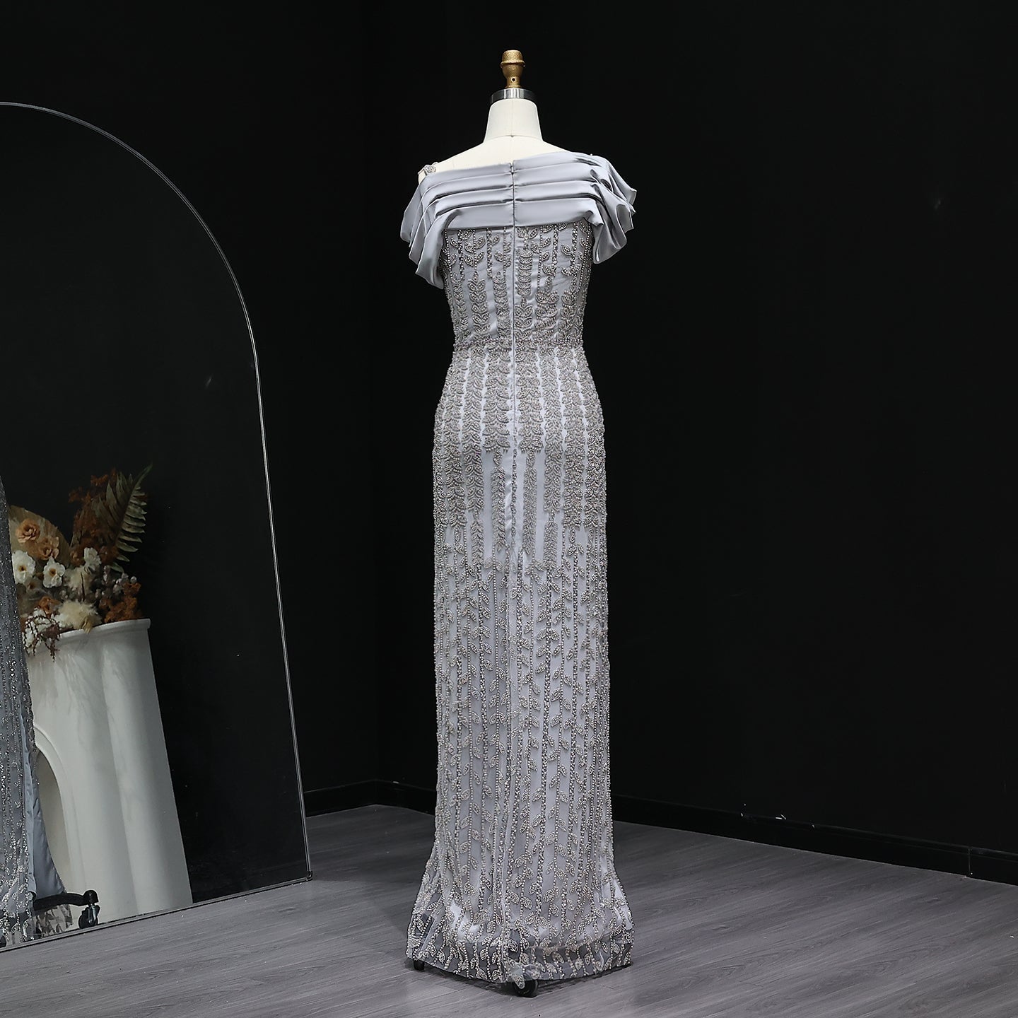 Elegant Off Shouler Silver Evening Dress with Slit SS713