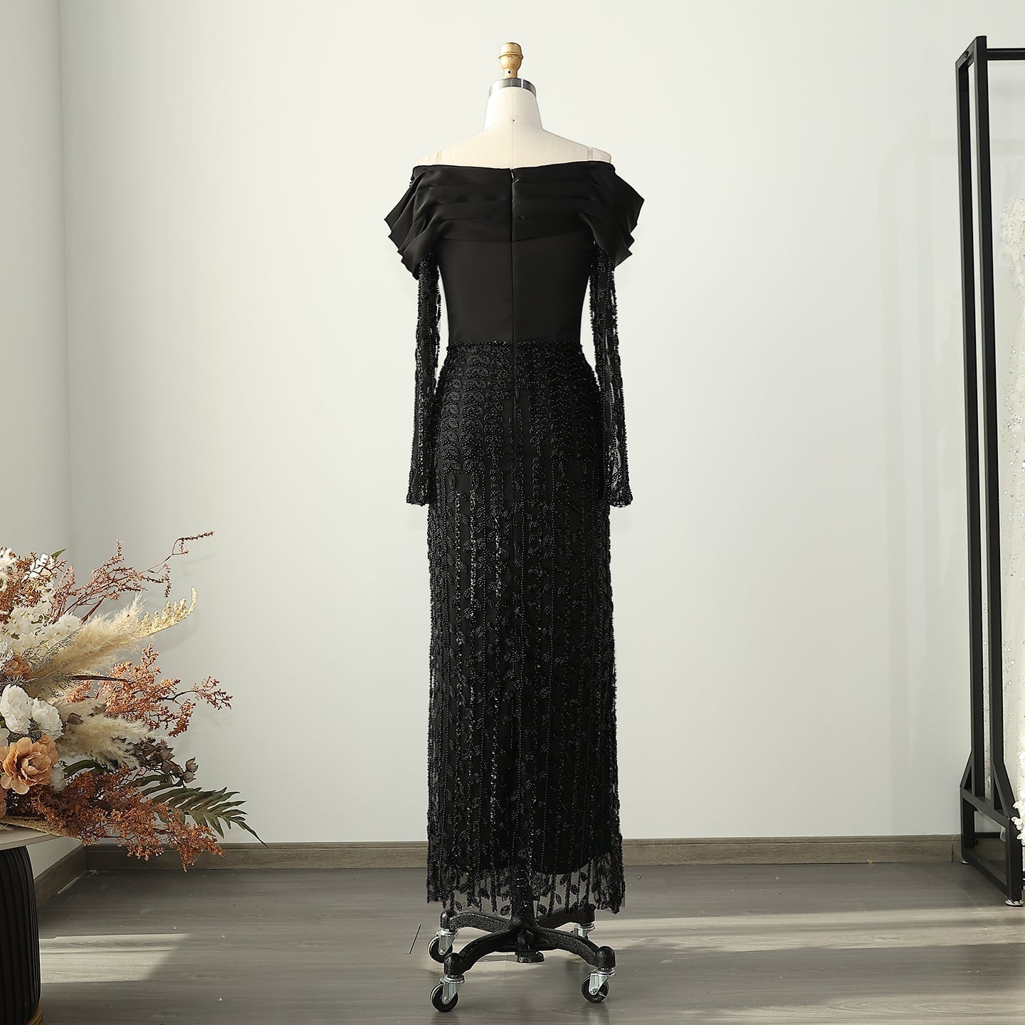 Elegant Off Shoulder Long Sleeves Evening Dress SS695  Black / US 18