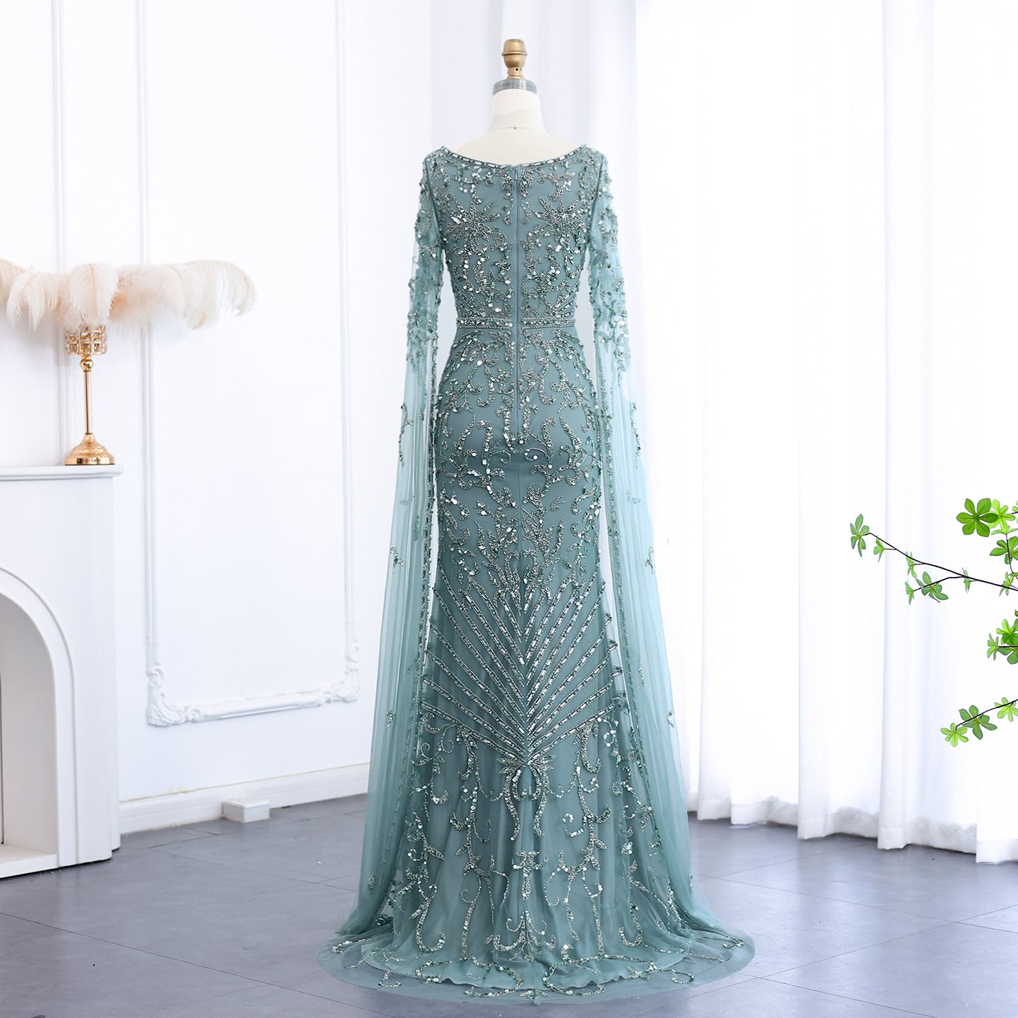 Luxury Turquoise Beaded Mermaid Evening Dress with Cape Sleeves SS469