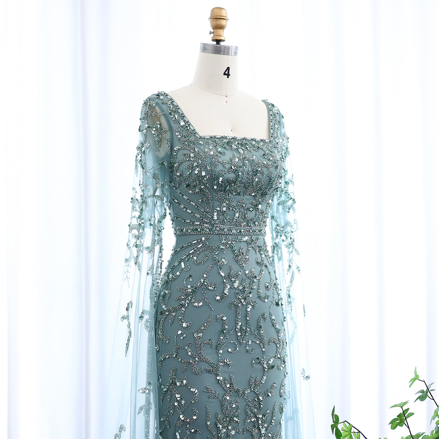 Luxury Turquoise Beaded Mermaid Evening Dress with Cape Sleeves SS469
