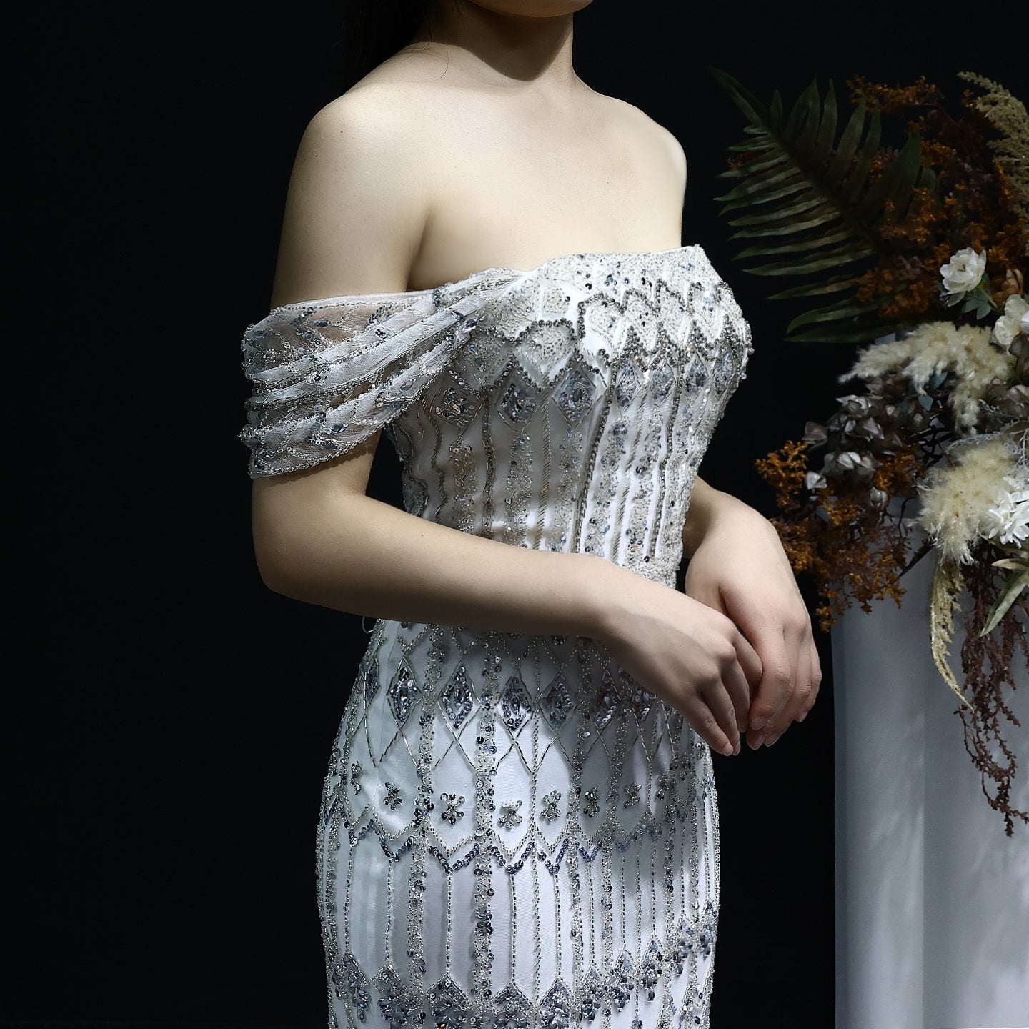 Luxury White Beaded Short Sleeves Evening Dress SS291