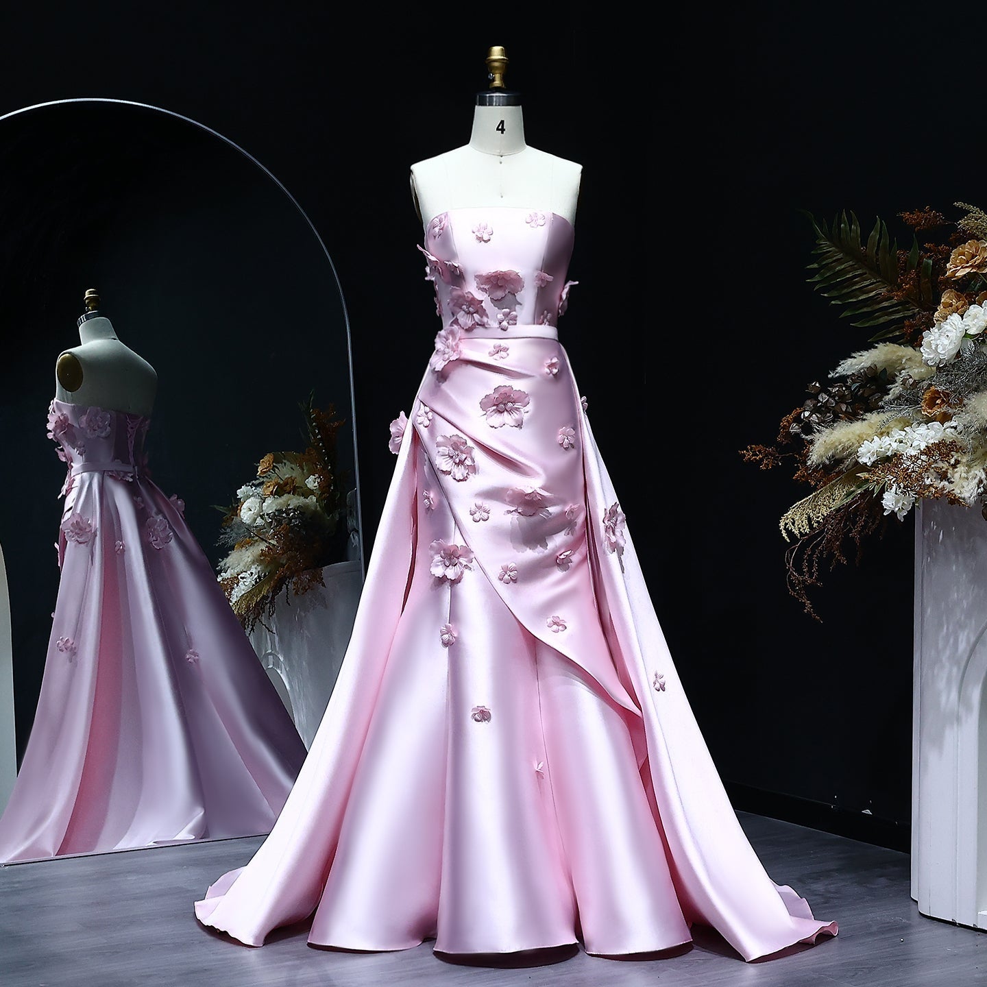 Elegant Pink 3D Flowers Evening Dress with Overskirt SS273  Pink / 16