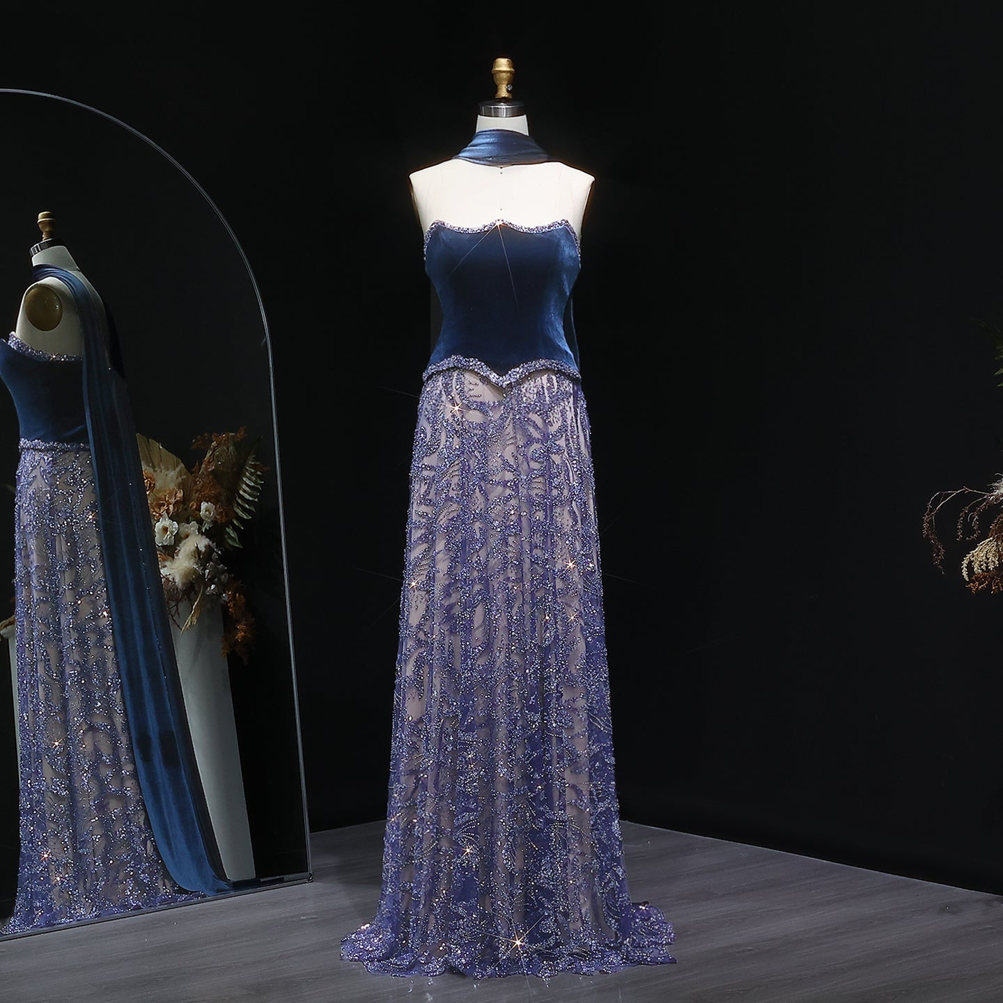 Luxury Beaded Blue Velvet Evening Dress with Scarf  SS793  Blue / US 20