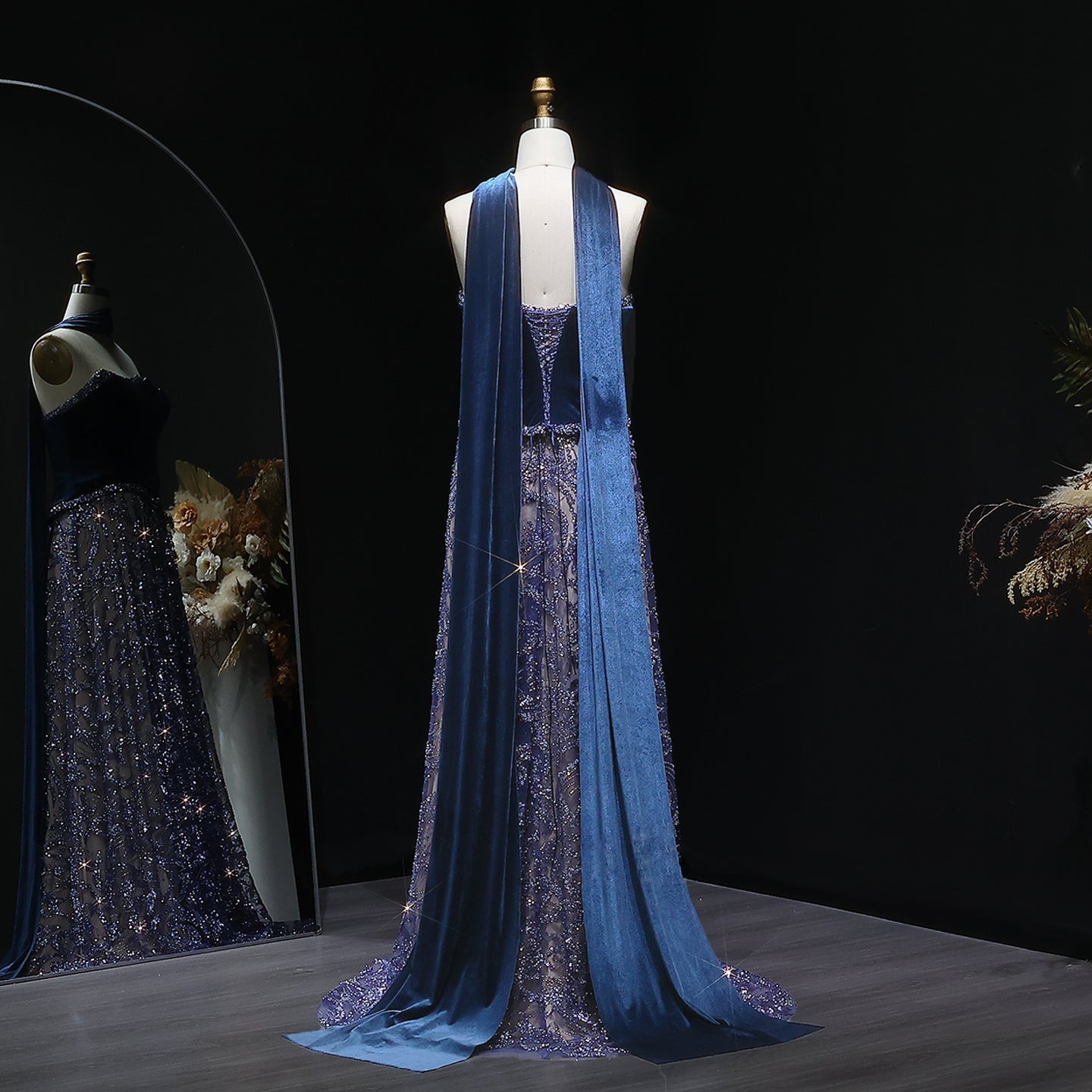 Luxury Beaded Blue Velvet Evening Dress with Scarf  SS793