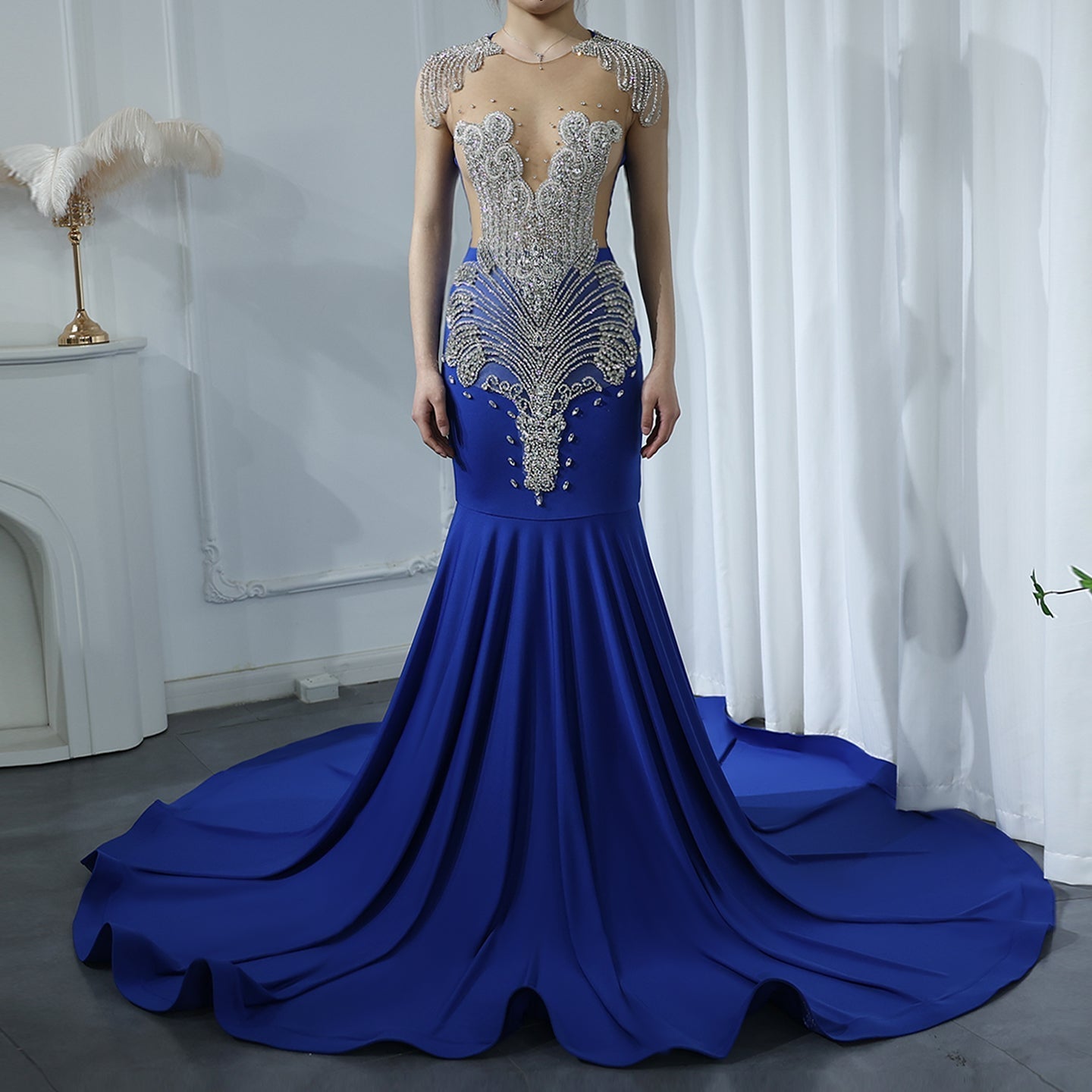 Luxury Crystal Mermaid Royal Blue Prom Dress RM057
