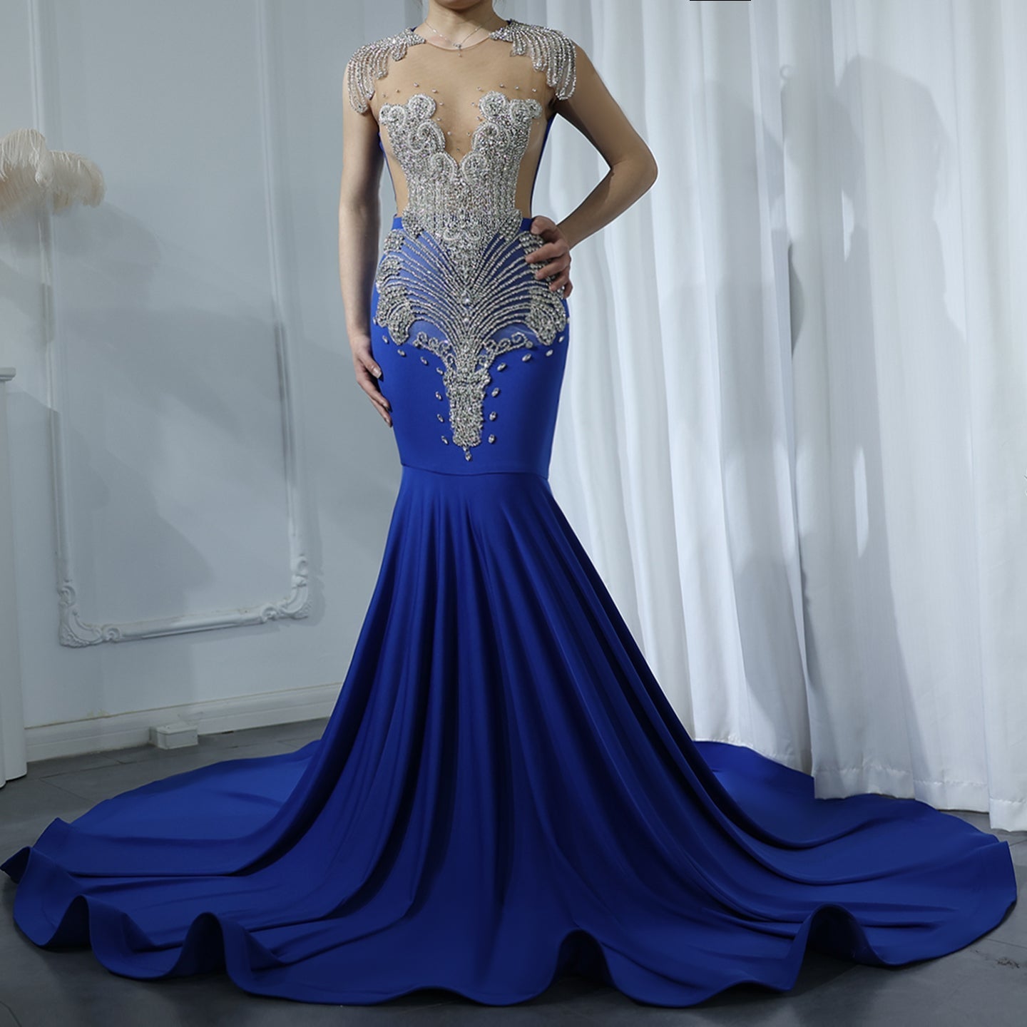 Luxury Crystal Mermaid Royal Blue Prom Dress RM057